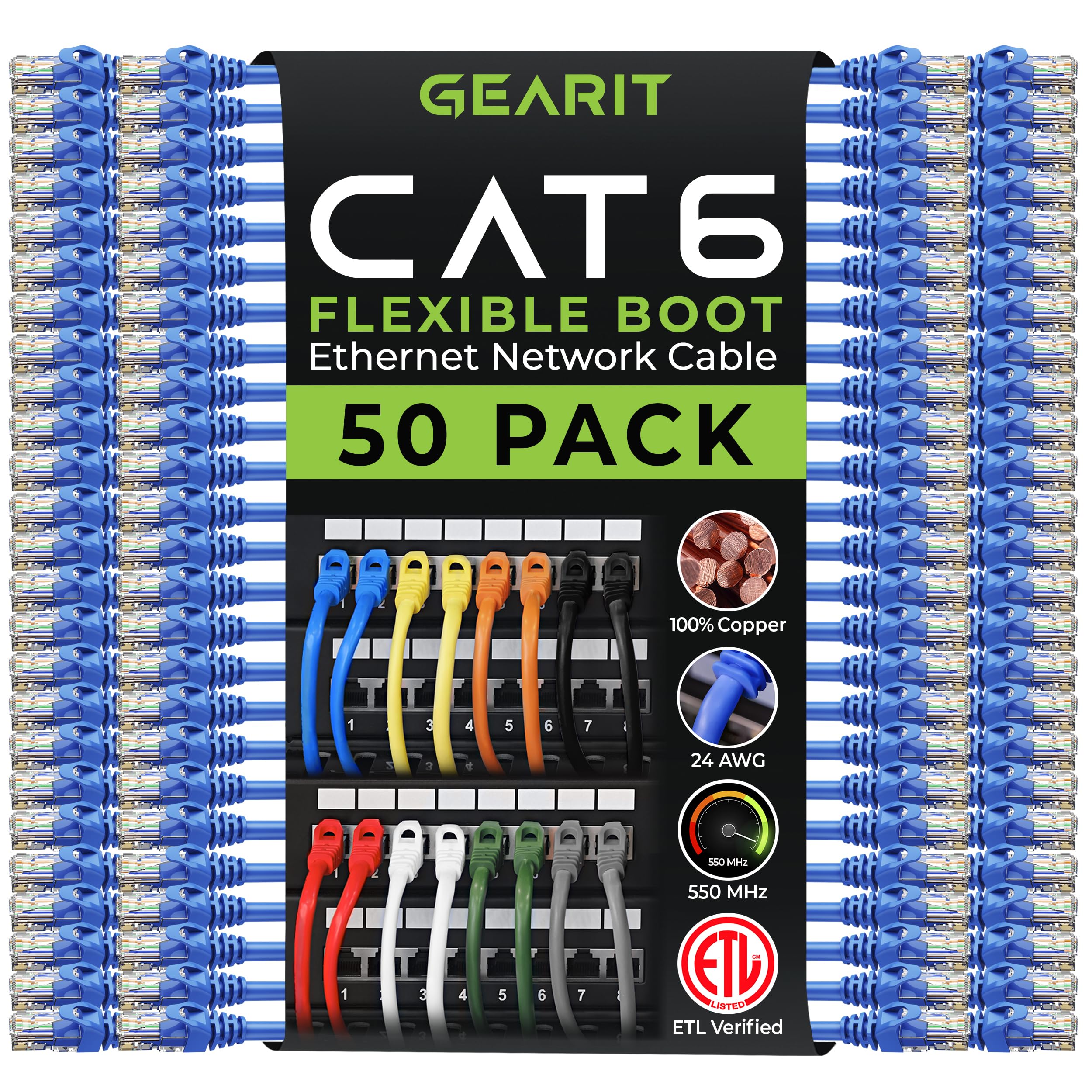 Gearit 50 Pack Cat6 Patch Cable 2 Feet Cat 6 Ethernet Cable Snagless Flexible Soft Tab   Preimum Series   Blue