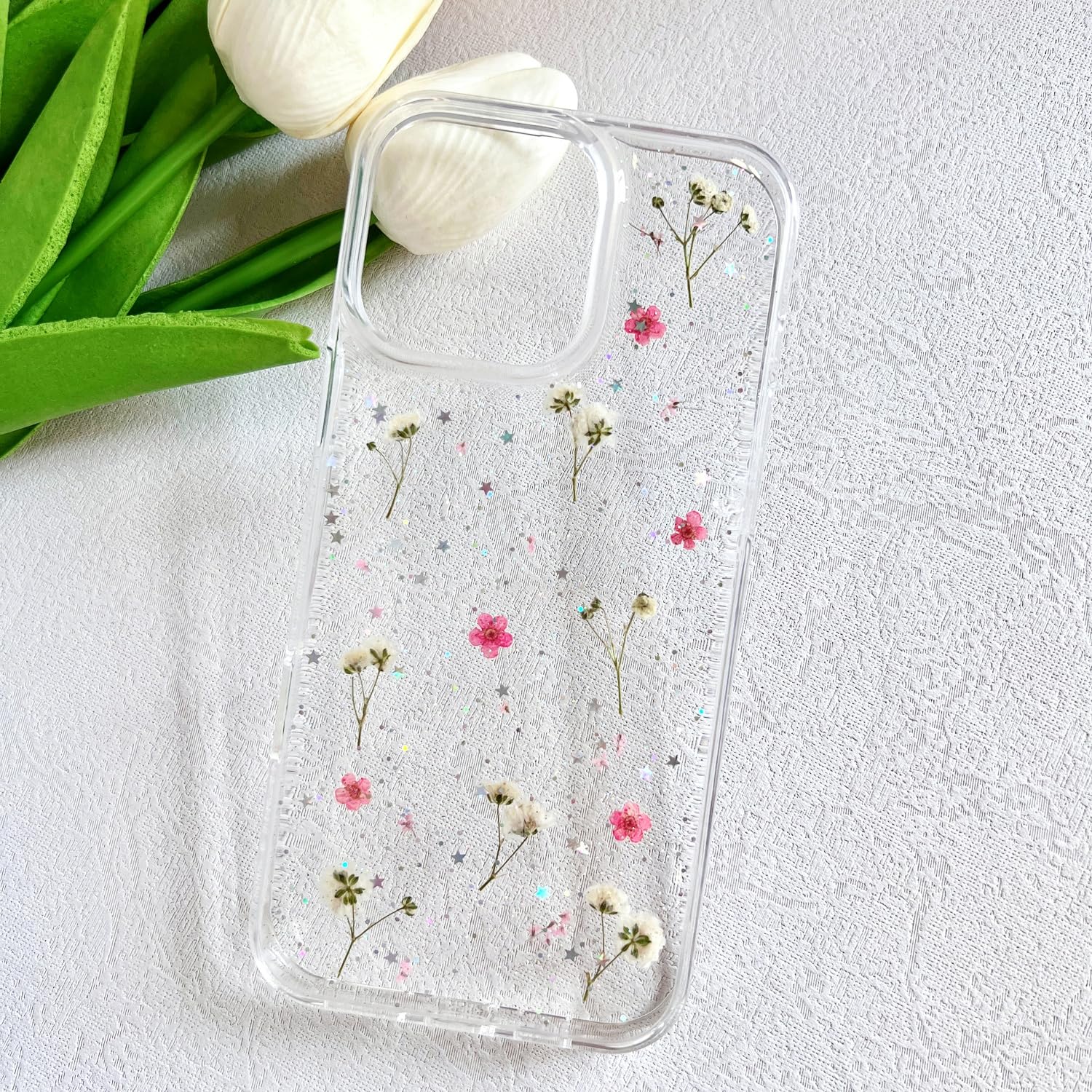 Lseeka For Iphone 16 Pro Max Clear Case With Pressed Real Flowers Design,Glitter Cute Pink Floral Pattern Slim Soft Tpu Protecti