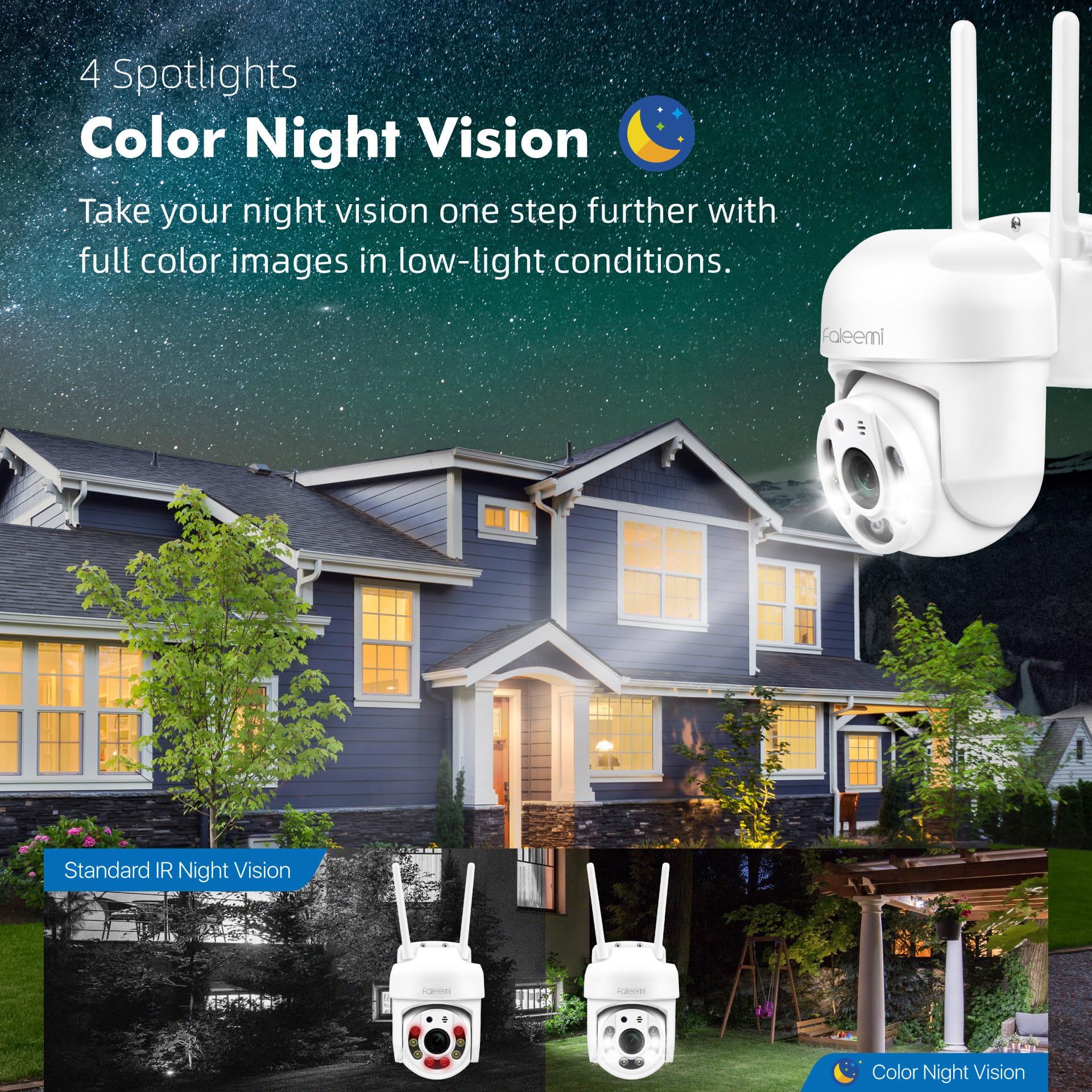 Faleemi 2K Wifi Security Camera For Home With Cell Phone App Control, Color Night Vision, Ai Motion Detection, Auto Tracking, 2