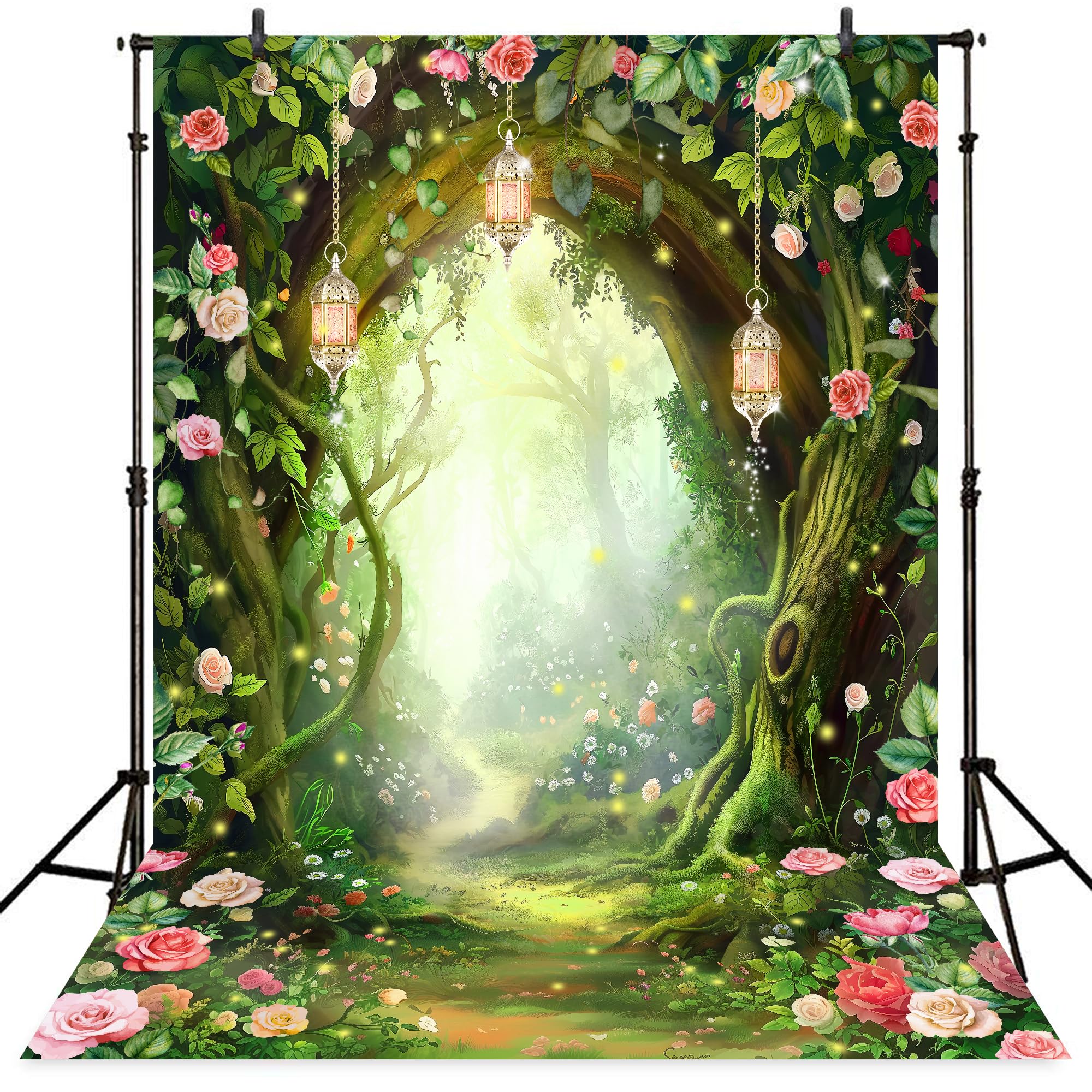 Riyidecor Enchanted Fairy Backdrop Polyester Fabric Greenery Woodland Tale Wonderland Flower Rose Fantasy Spring Nature Tree 5Wx
