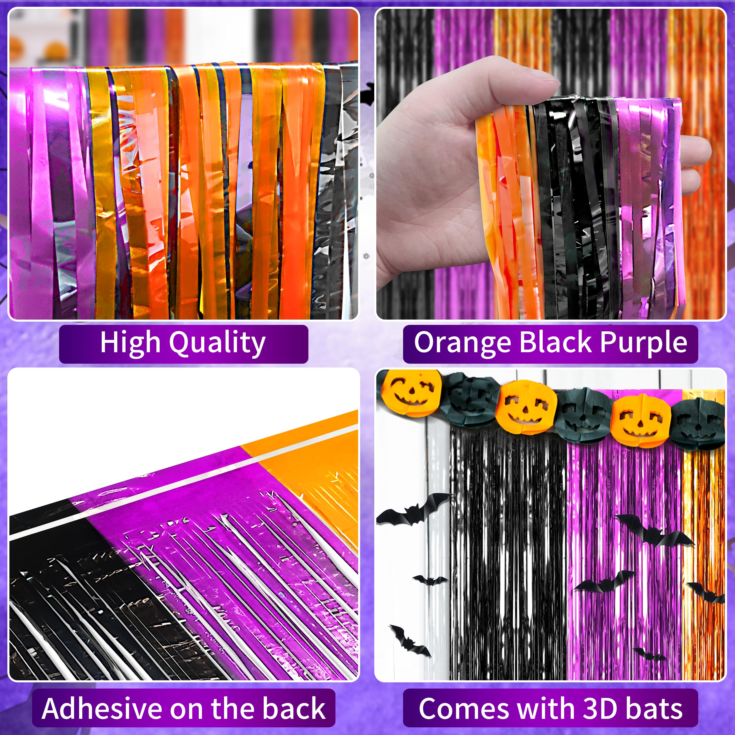 Algpty 3 Pack Halloween Foil Curtains Backdrop With 16 Pcs Halloween Bats, 3.3 X 6.6Ft Orange Purple Black Metallic Tinsel Foil