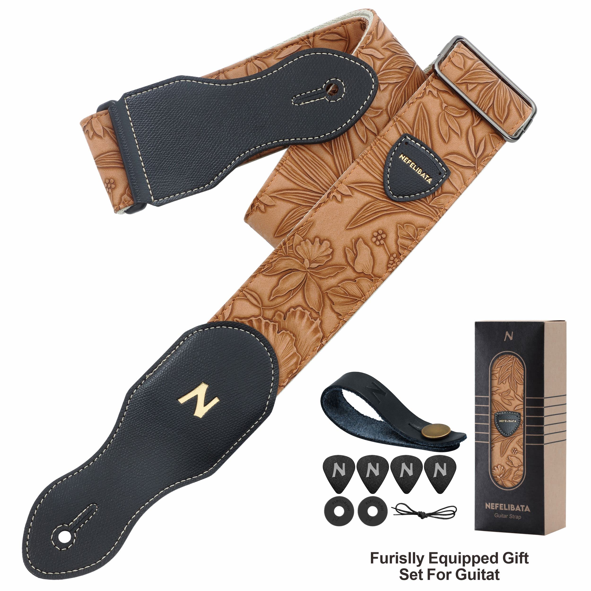 Nefelibata Guitar Strap - 2.3" Leather Carving, Adjustable 36"-63", F#-Brown Yellow, Model JTBD-LCS144, with Pick Pocket