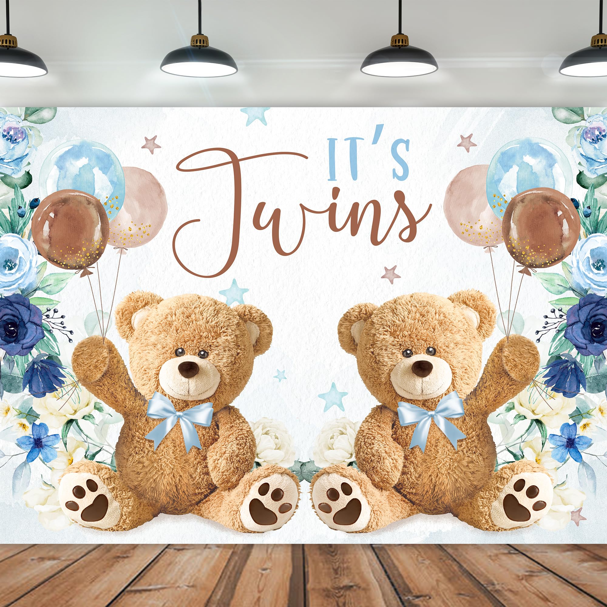 Imirell Twin Bear Boys Baby Shower Backdrop 7Wx5H Feet It'S Twins Boy Navy Blue Floral Brown Balloon Newborn Polyester Fabric Cu