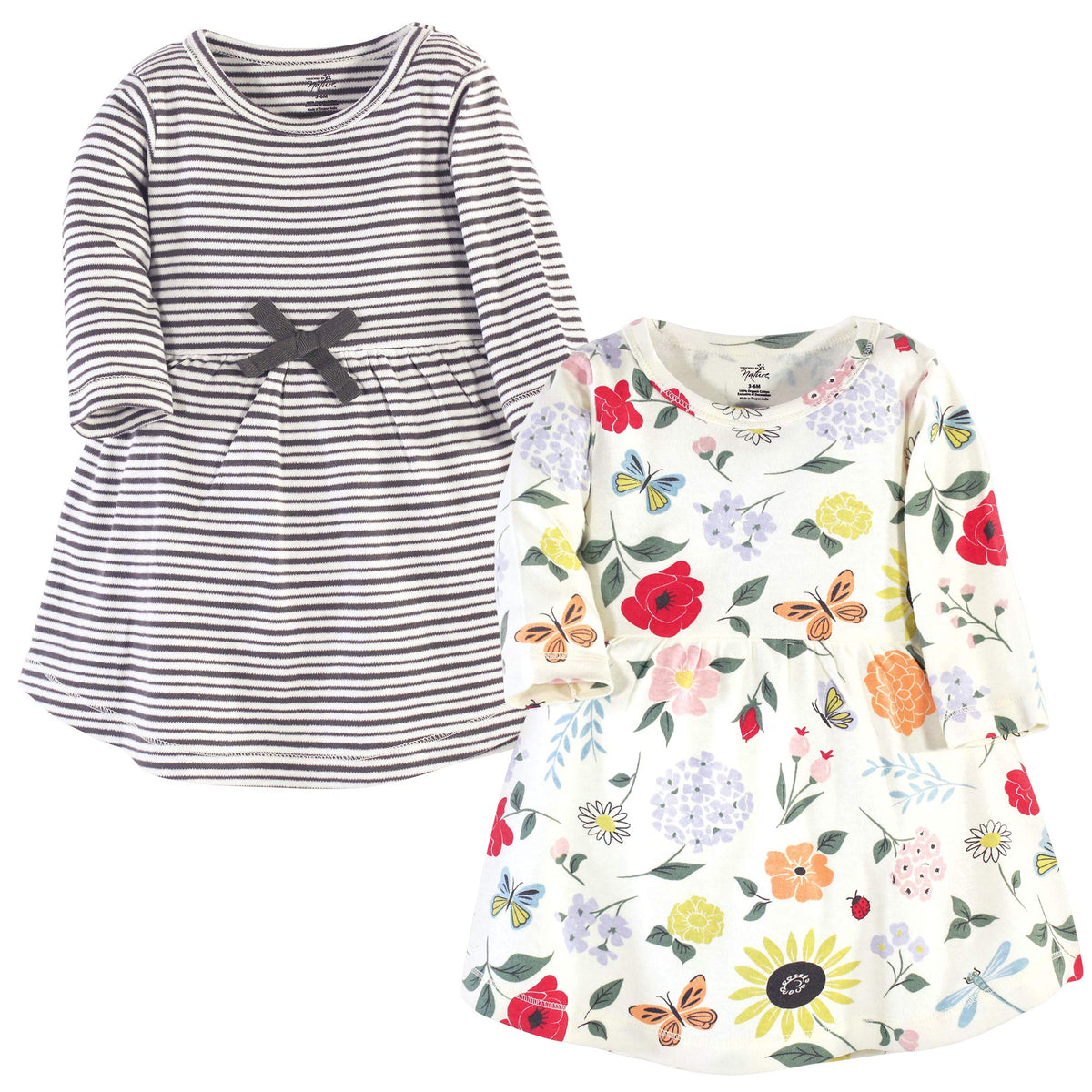 Touched By Nature Girls, Toddler, Baby And Womens Organic Cotton Short Sleeve And Long Sleeve Dresses, Flutter Garden Long Sleev