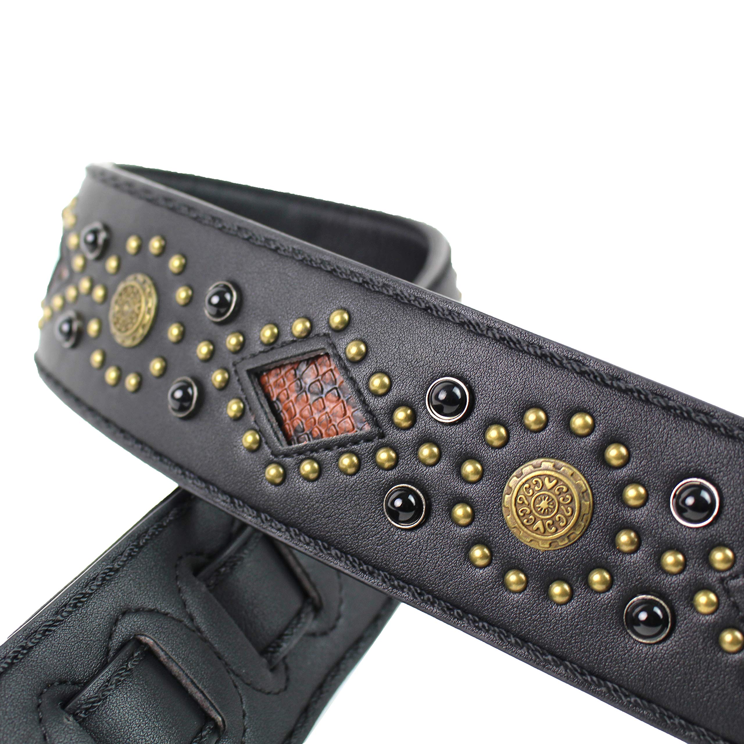 Walker And Williams Gtr-20-Bb Black On Black Sedona Special Guitar Strap With Padded Back, Snakeskin Inserts, Brass Studs & Rive