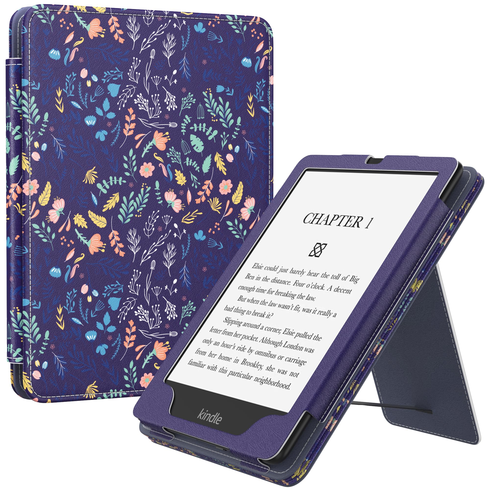MoKo Case for 7'/6.8' Kindle Paperwhite(12th/11th Generation 2024/2021) and Kindle Colorsoft Signature Edition, Slim PU Shell Cover Case with Auto Wake/Sleep for Kindle Paperwhite 2024,Flowers on Blue