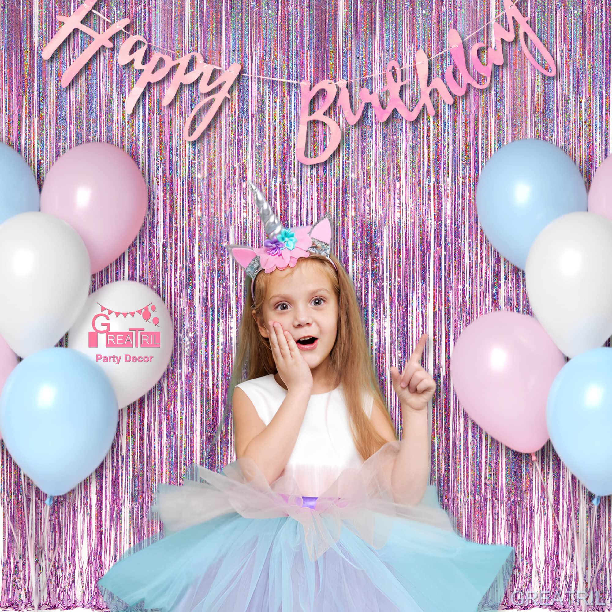 Pink Tinsel Curtain Party Backdrop   Greatril Glitter Foil Fringe Curtain Lilac Pink Party Decor Streamers For Birthday Girl Pri