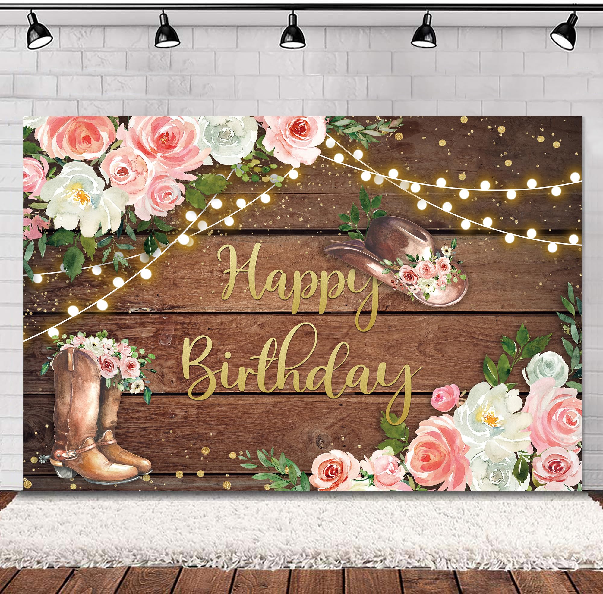 Svbright Cowgirl Western Birthday Backdrop 5Wx3H Rustic Country Wooden Plank Pink Flower Floral Retro Happy Birthday Baby Shower