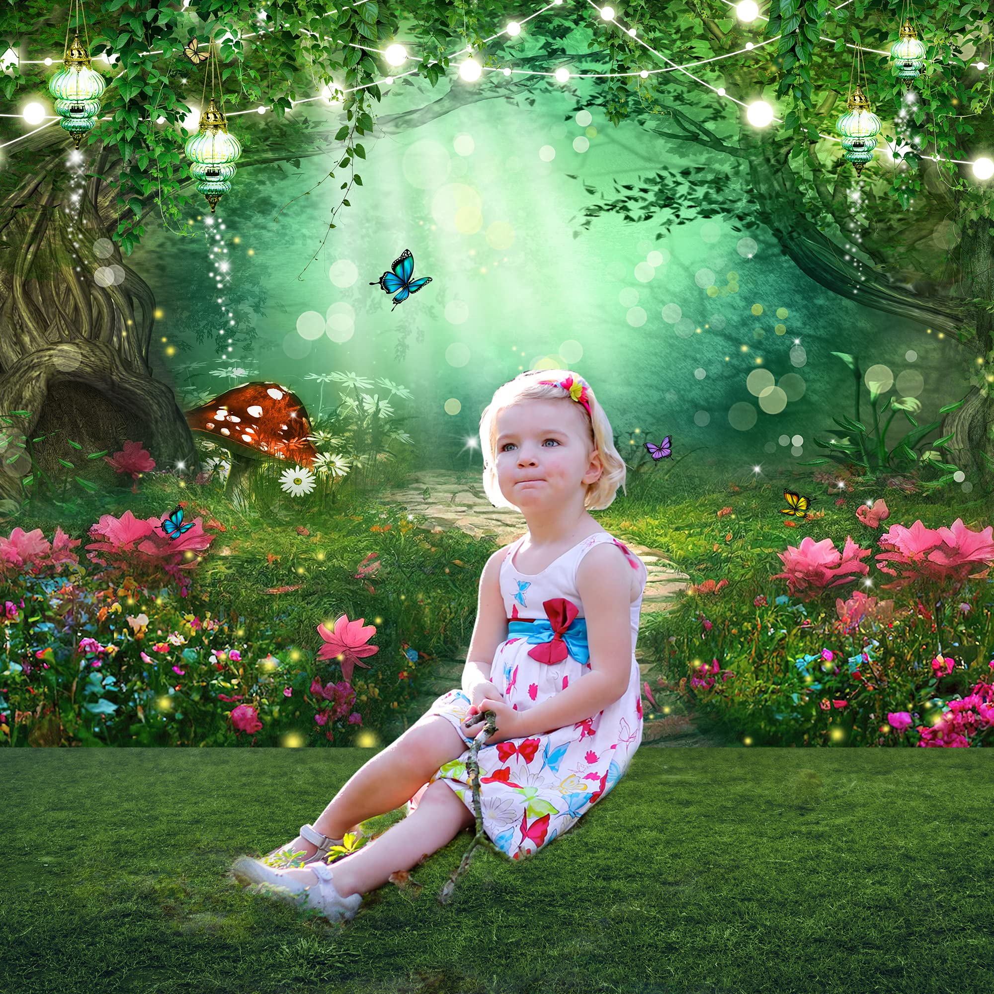 Riyidecor Spring Enchanted Woods Backdrop Polyester Fabric Greenery Wonderland Garden Fairy Tale Fantasy Dreamland 8Wx6H Feet Na