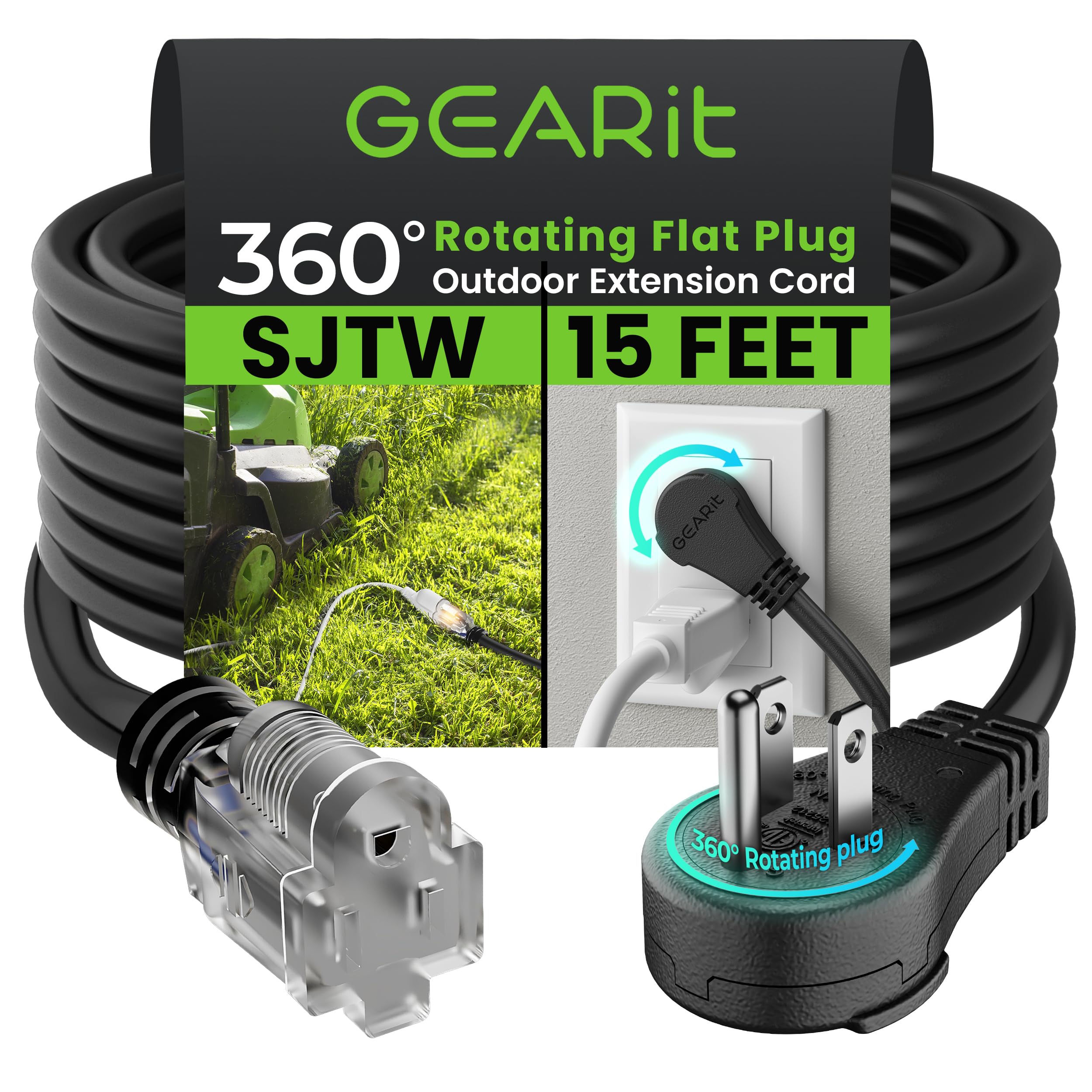 Gearit 360 Rotating Plug Indoor Outdoor Extension Cord Waterproof 15Ft   16 Gauge 16/3 Awg, 13A 1625W, 3 Prong Heavy Duty Extens