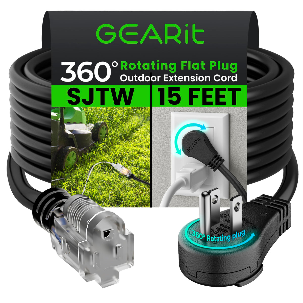 Gearit 360 Rotating Plug Indoor Outdoor Extension Cord Waterproof 15Ft   16 Gauge 16/3 Awg, 13A 1625W, 3 Prong Heavy Duty Extens
