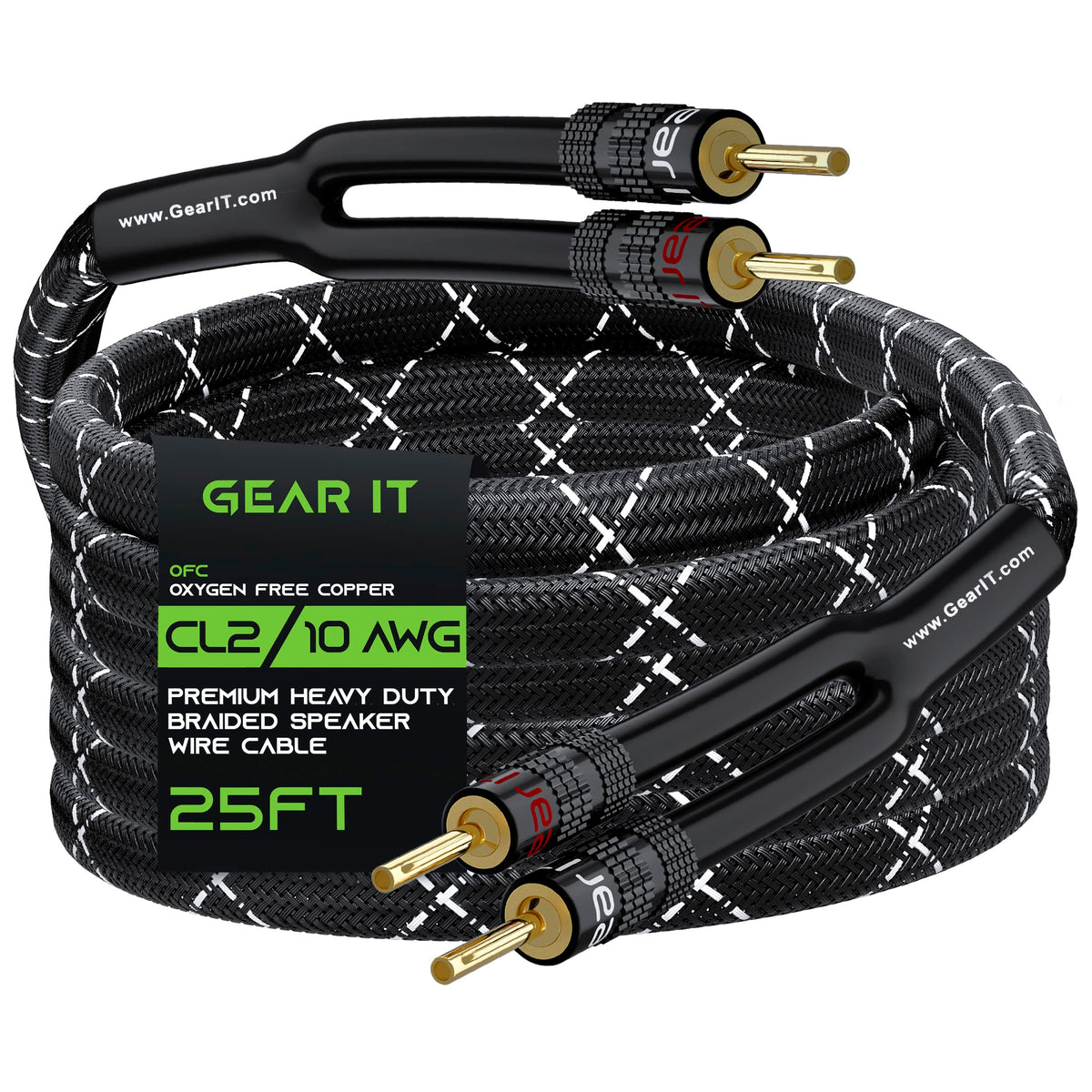 Gearit 10Awg Speaker Cable Wire With Gold Plated Banana Tip Plugs (25 Feet) In Wall Cl2 Rated, Heavy Duty Braided, 99.9% Oxygen 