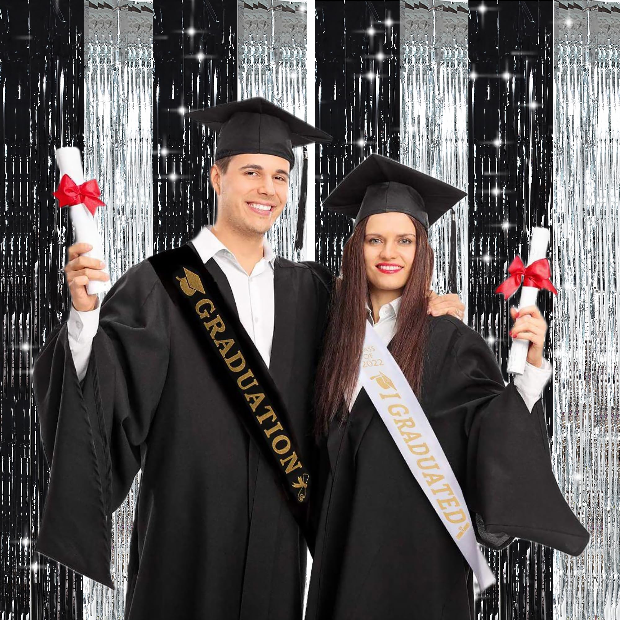 Toniful Silver Black Door Streamers,Silver And Black Photo Booth Backdrop Metallic Streamers Foil Fringe Curtain For Birthday,Ne