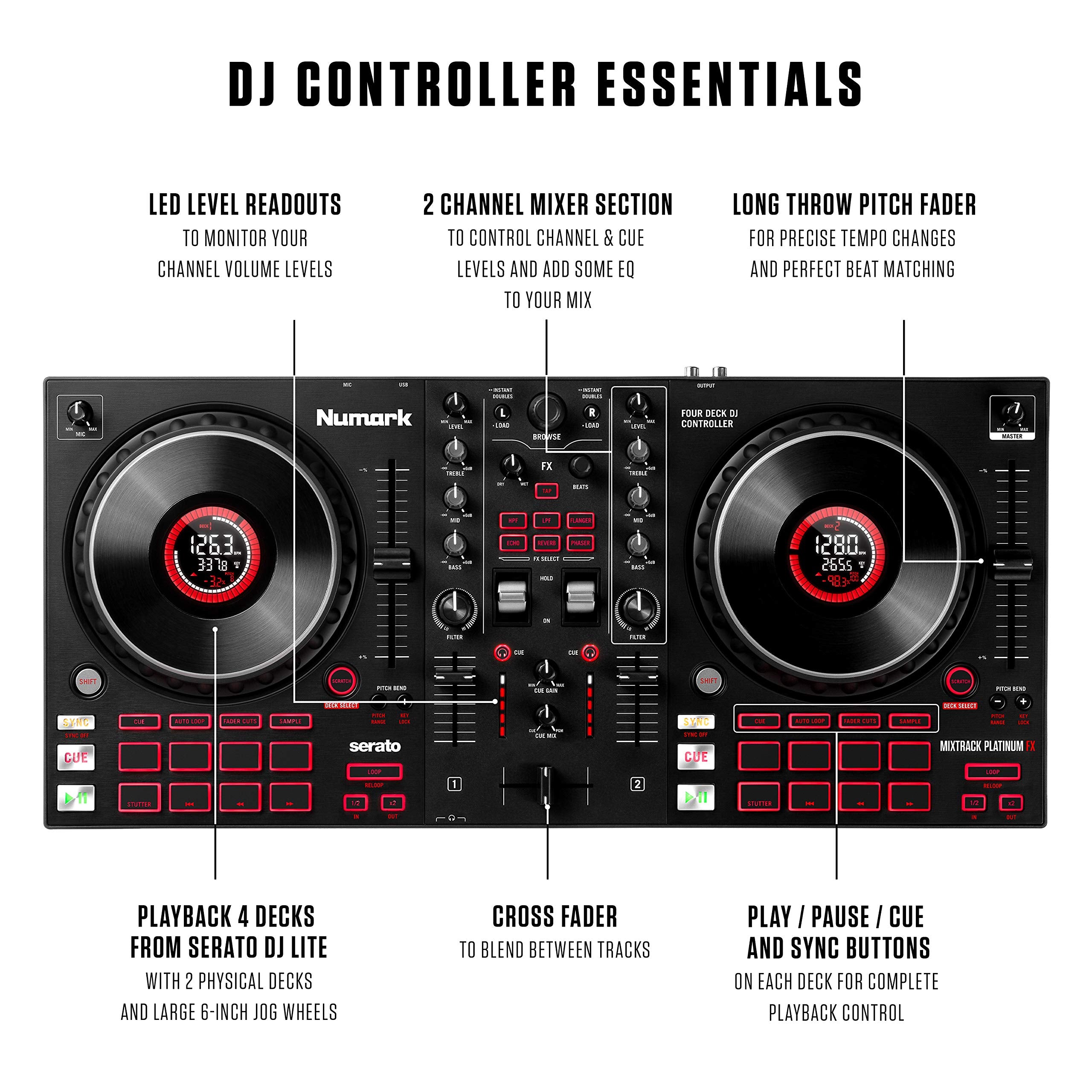 Numark Mixtrack Platinum Fx   Dj Controller For Serato Dj With 4 Deck Control, Dj Mixer, Built In Audio Interface, Jog Wheel Dis
