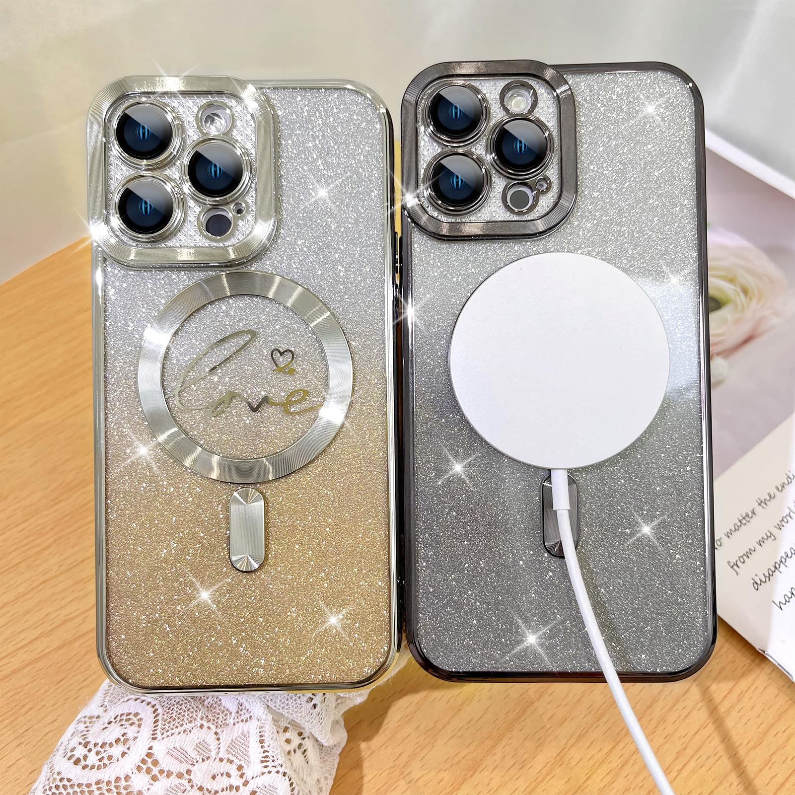 Fiyart Compatible With Iphone 12 Pro Case,Compatible With Magsafe Love Heart Plating Camera Protection Clear Phone Case, Magneti