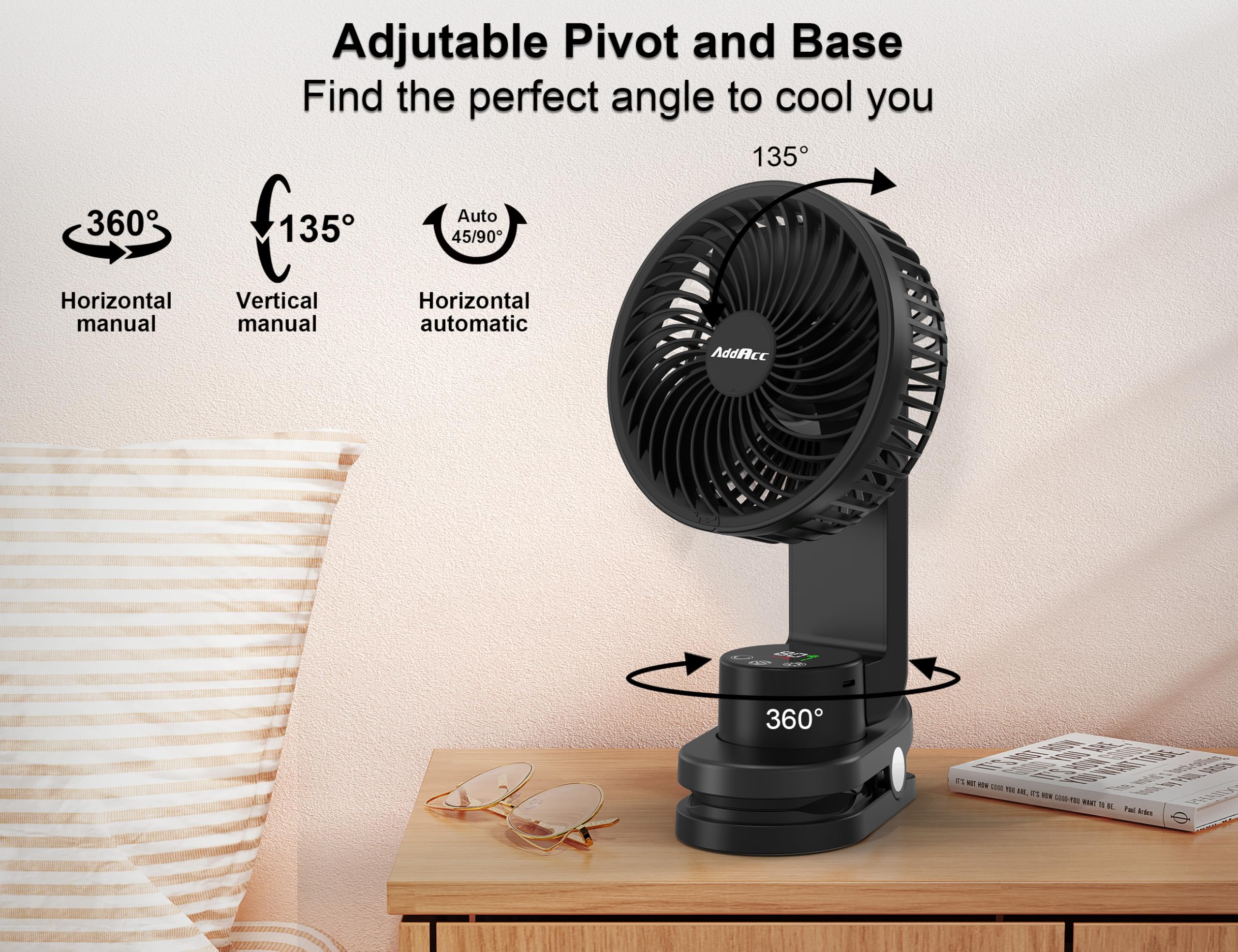 Addacc Small Desk Fan, Rechargeable Clip On Fan With Atmosphere Light & Hook, Battery Operated Table Fan, Ultra Quiet, 9 Speed A
