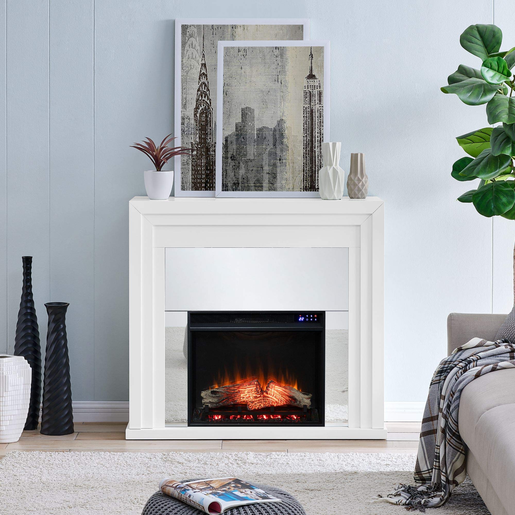 Southern Enterprises 44'' White And Black Mirrored Electric Fireplace