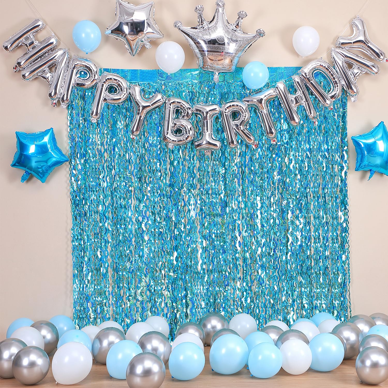 4 Pack Teal Aqua Blue Wavy Foil Fringe Curtains Party Decorations   3.3 Ft X 6.6 Ft Sparkle Streamer Tinsel Curtain Party Photo