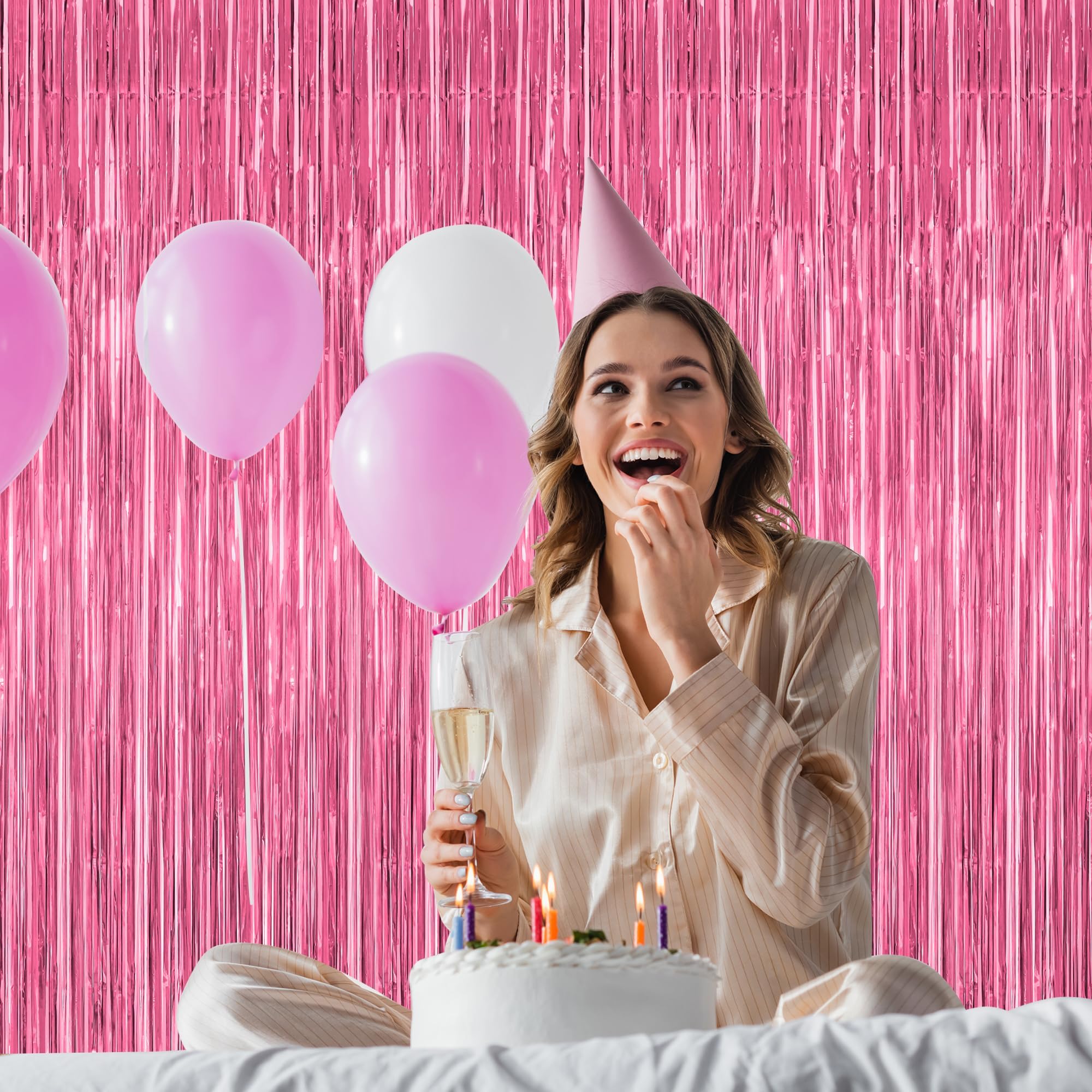 4 Pack Birthday Decorations, 3.28 Ft X 7.05 Ft Pink Backdrop, Metallic Happy Birthday Backdrop Fringe Curtains Party Streamer, B