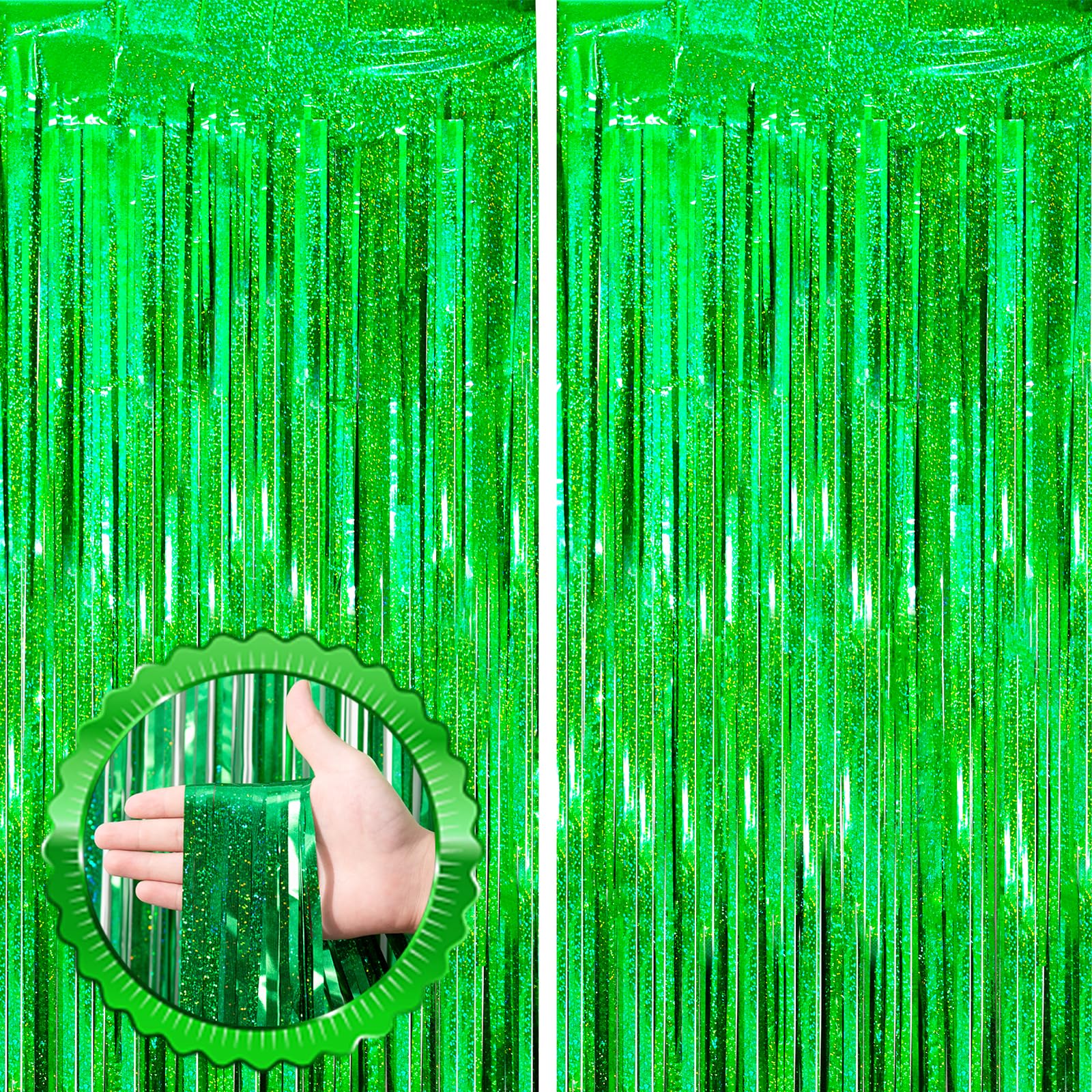 Voircoloria 2 Pack Laser Green Tinsel Foil Fringe Curtains, Green Party Decorations, Metallic Tinsel Party Streamers Backdrop Fo