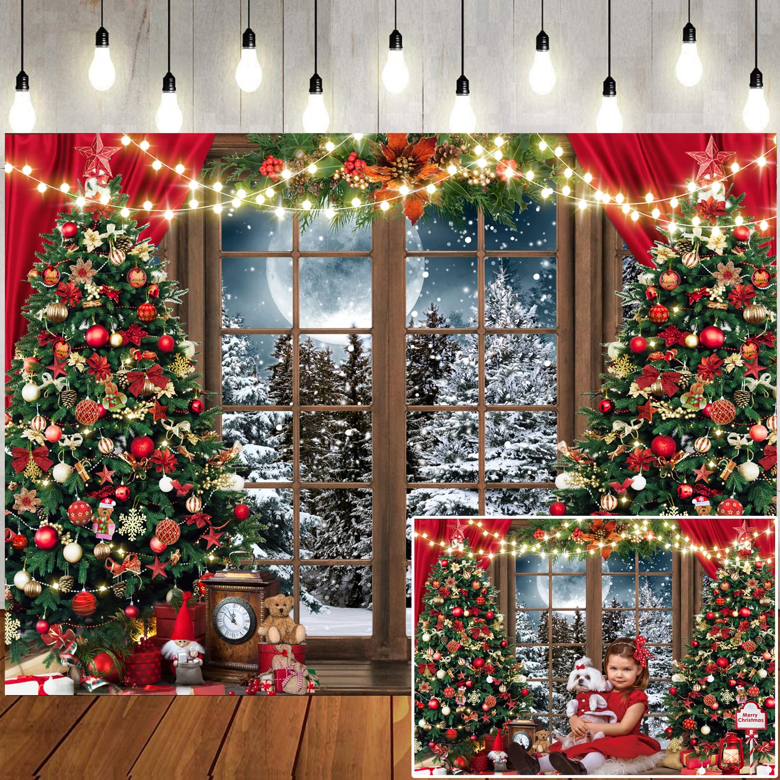 LTLYH 8x6ft Winter Christmas Photography Backdrop Xmas Rustic Wooden Window Full Moon Night Background Baby Kids Party Decoratio