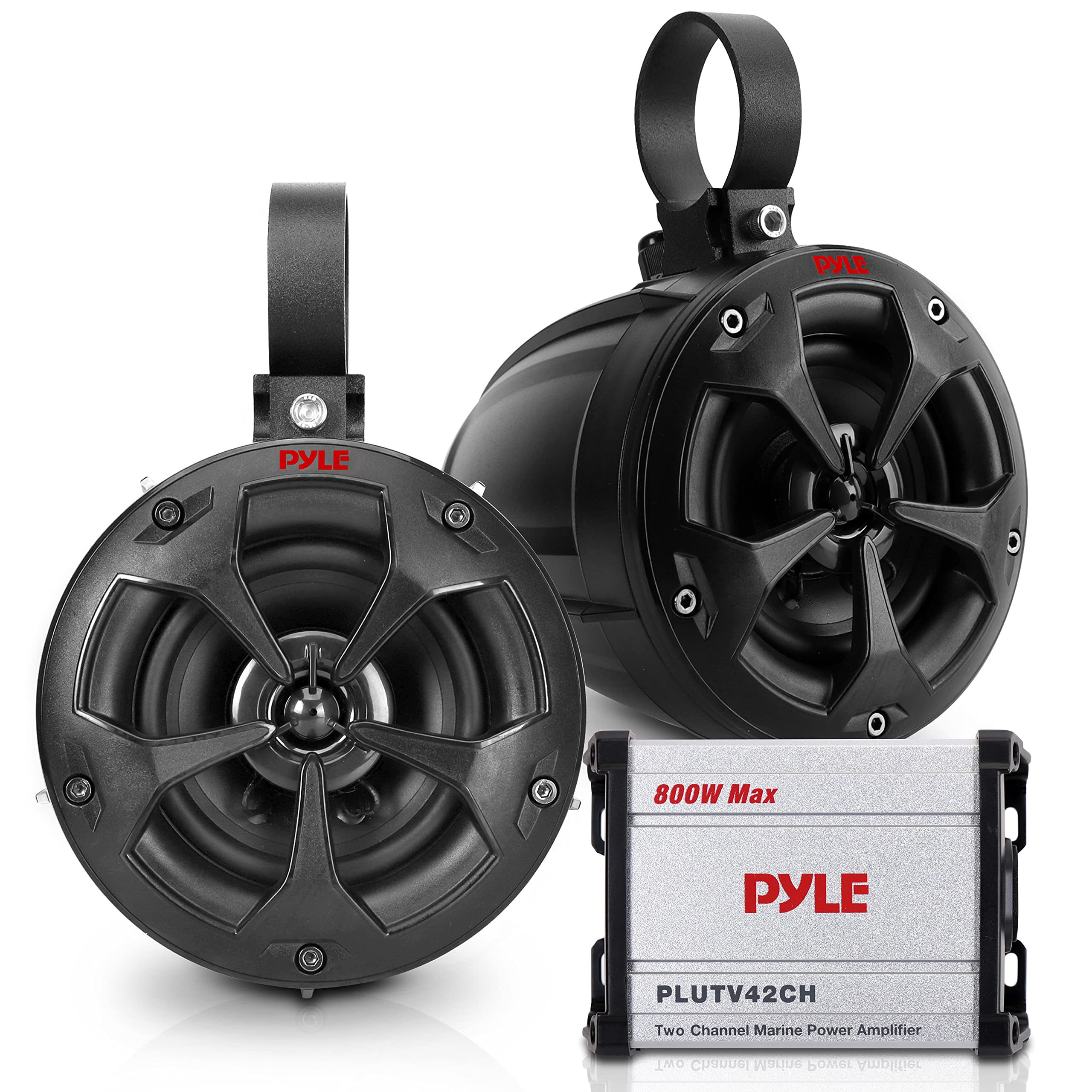 Pyle Waterproof Off-Road Speakers with Amplifier - 4 Inch 800W 2-Channel Marine Grade Waketower Speakers System Full Range Outdo
