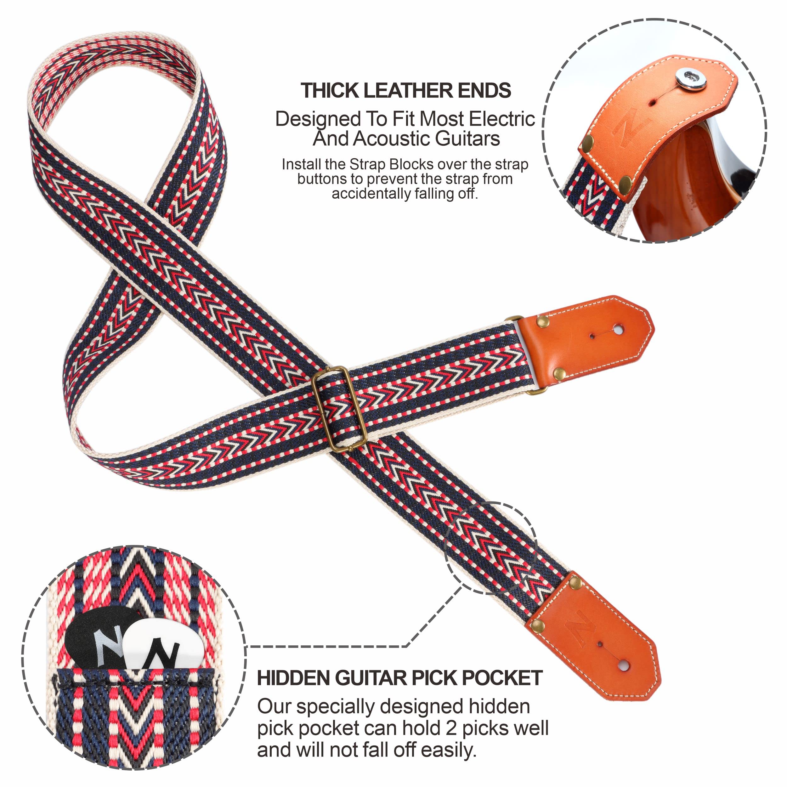 Nefelibata Cool Woven Guitar Strap Cotton Guitar Straps With Thicked First Layer Vegetable Tanned Cowhide Leather Ends For Acous