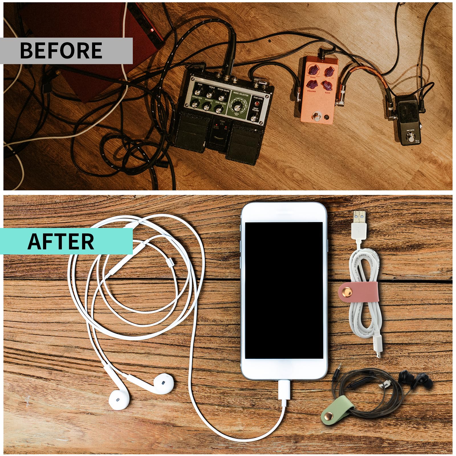 Thinp 6 Pieces Reusable PU Leather Cord Organizer Cable Straps White Pink Green 8.3x2cm