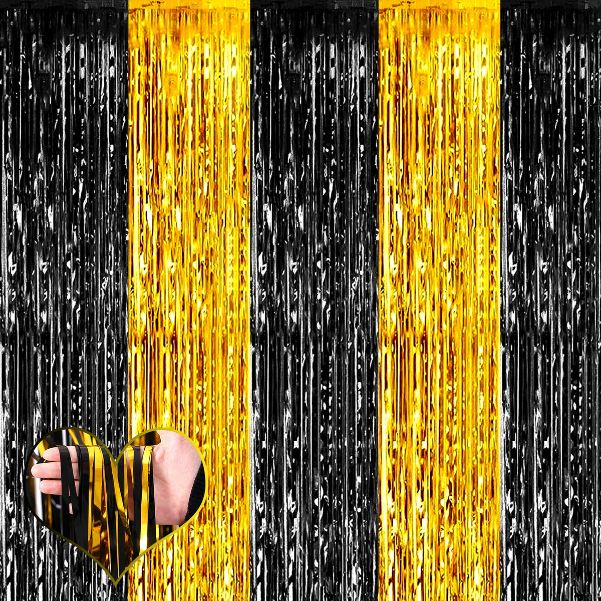 4 Pack 3.2Ft X 6.6Ft Black And Gold Fringe Curtain Backdrop, Metallic Tinsel Foil Fringe Streamers Curtains Background For Photo