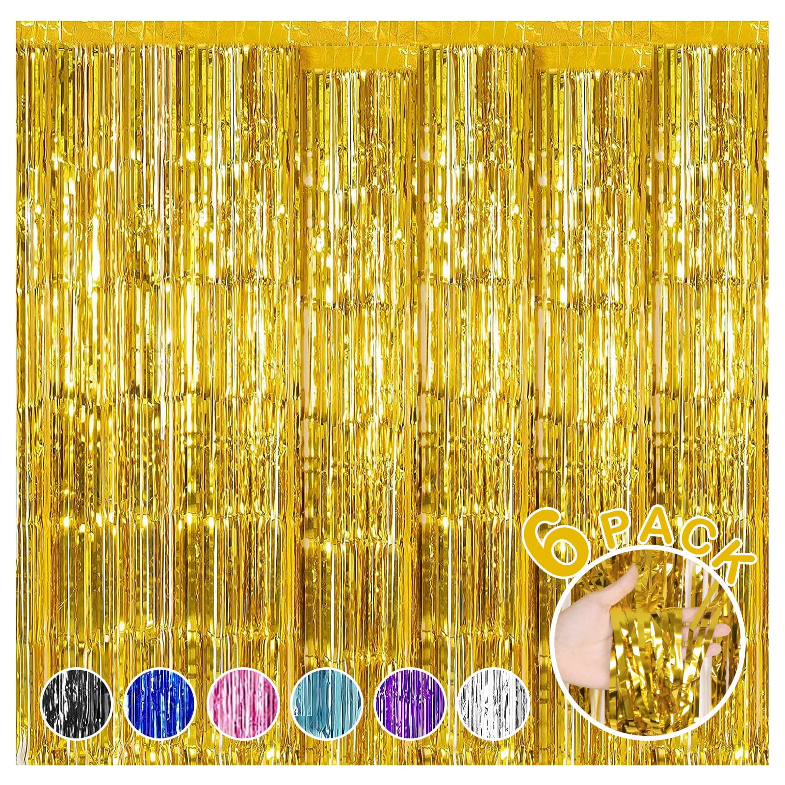 6 Pack Foil Fringe Backdrop Curtains, 3.28 X 8.2 Ft Gold Tinsel Streamers Metallic Tinsel Foil Fringe Curtains Photo Booth Backd