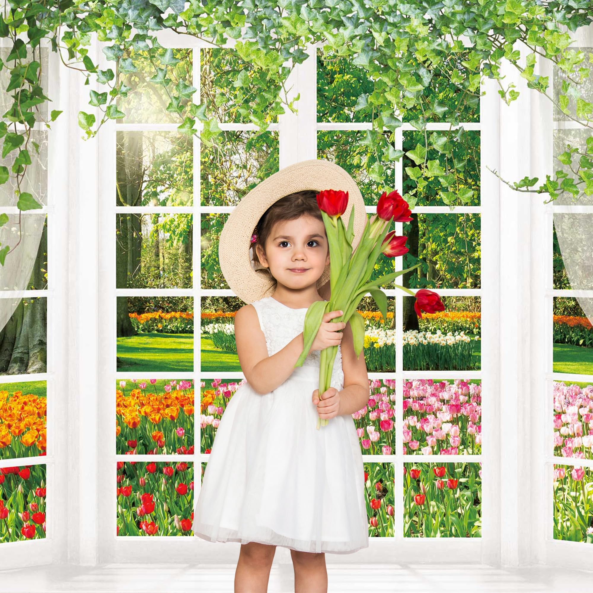 Hilioens 7  5Ft Spring Window Backdrop White Windowsill Floral Scenery Photography Background Forest Green Grass Natural Newborn