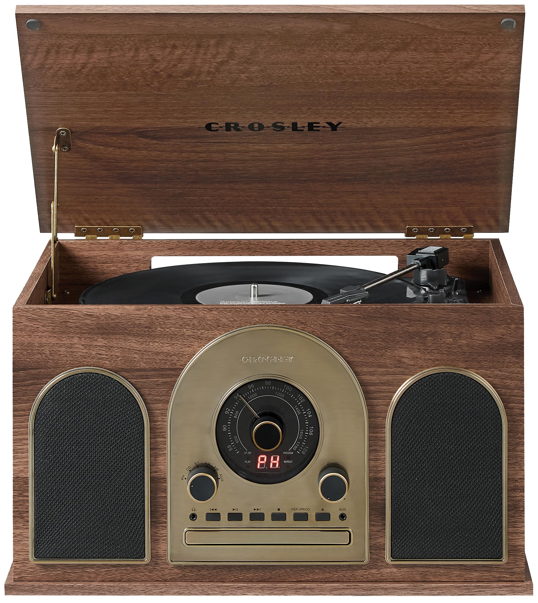 Crosley CR7025A-WA Hayes 8-in-1 Bluetooth Vinyl Record Player, 3-Speed Turntable, CD, AM/FM Radio, Cassette, Walnut