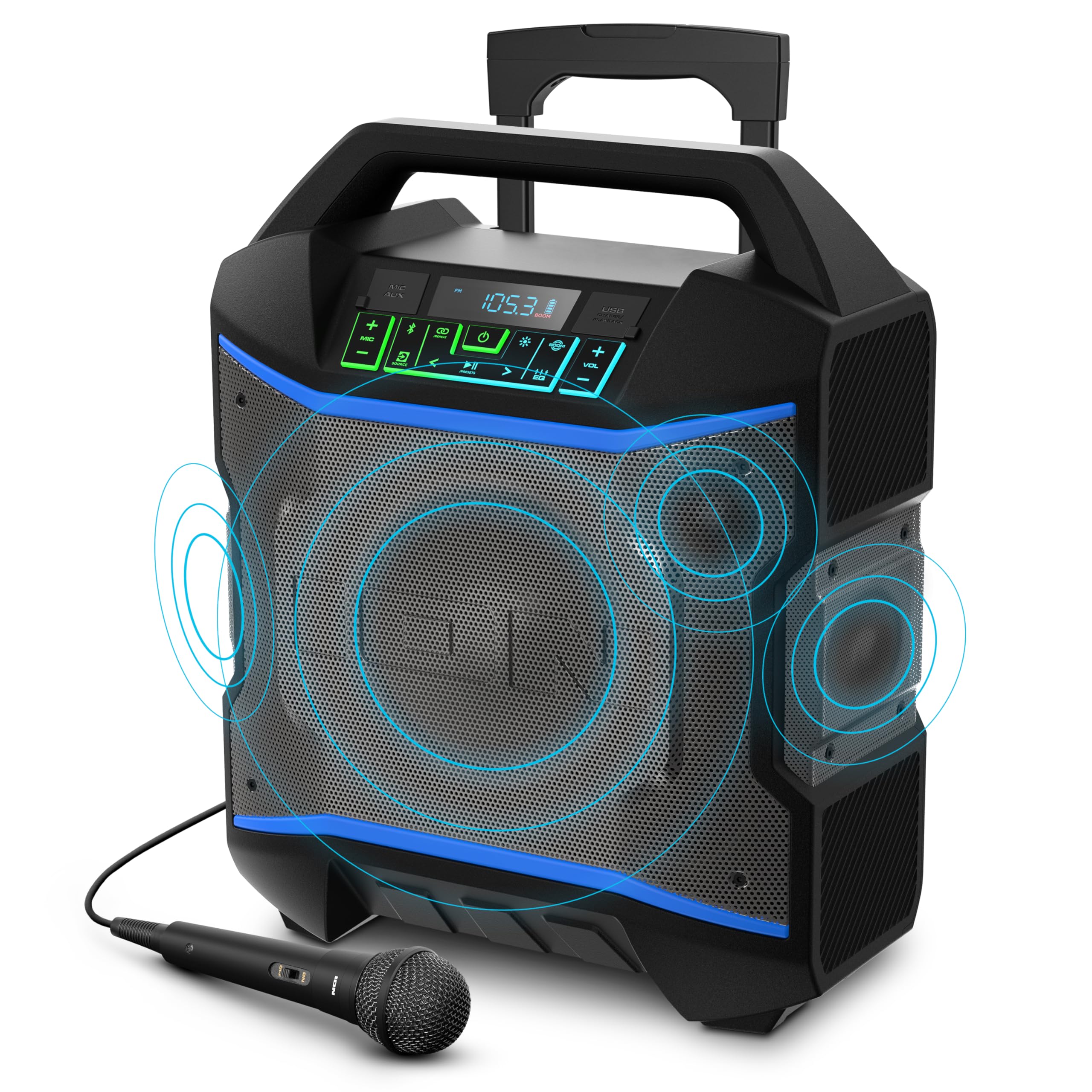 Ion Block Rocker   Portable Bluetooth Outdoor Party Speaker With Karaoke Microphone, Battery, 4 Speakers, Radio, Usb Port, App,