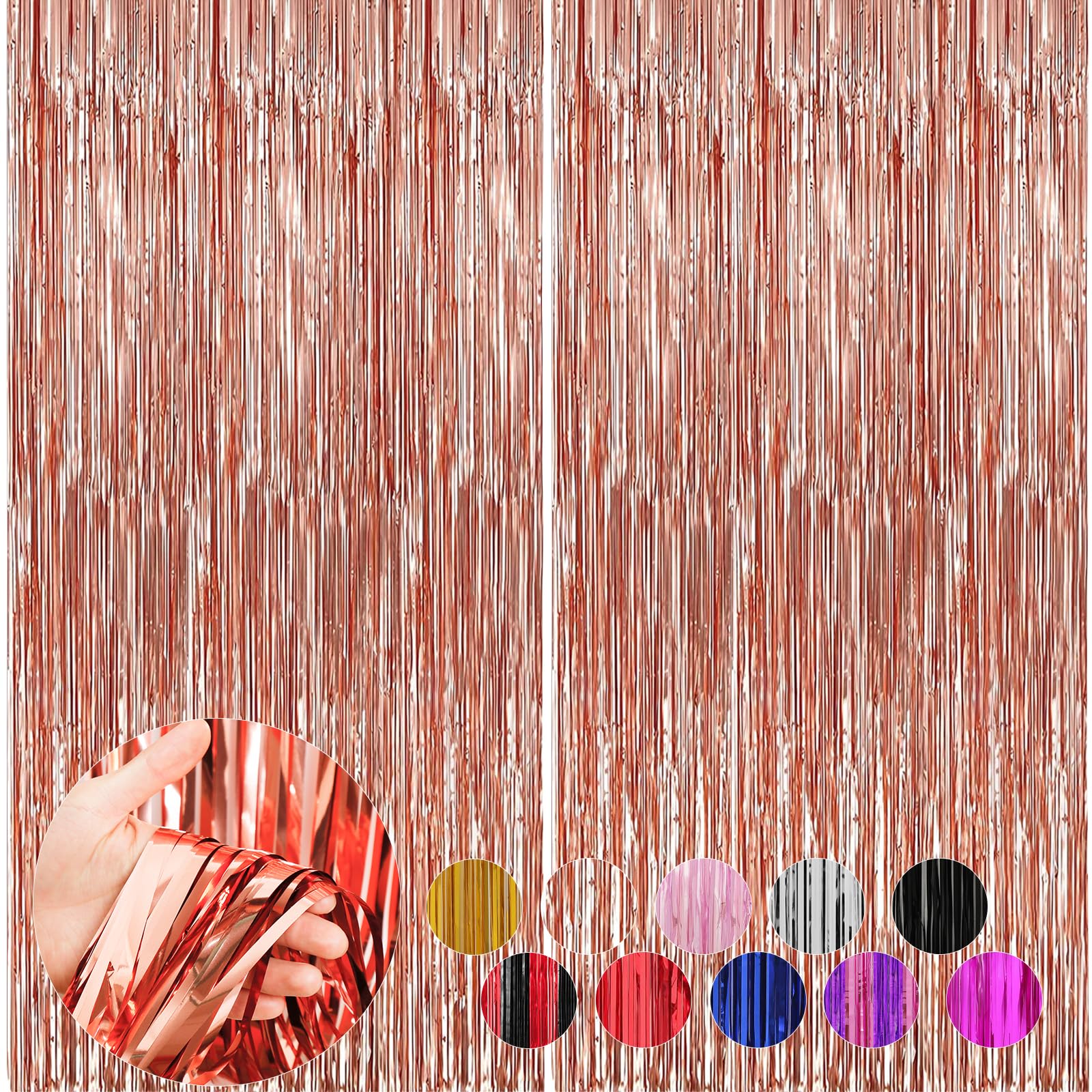 2 Pack Rose Gold Foil Fringe Curtains Streamers Party Decorations 3.3 X 8.2 Ft, Tinsel Curtain Fringe Backdrop For Parties, Door