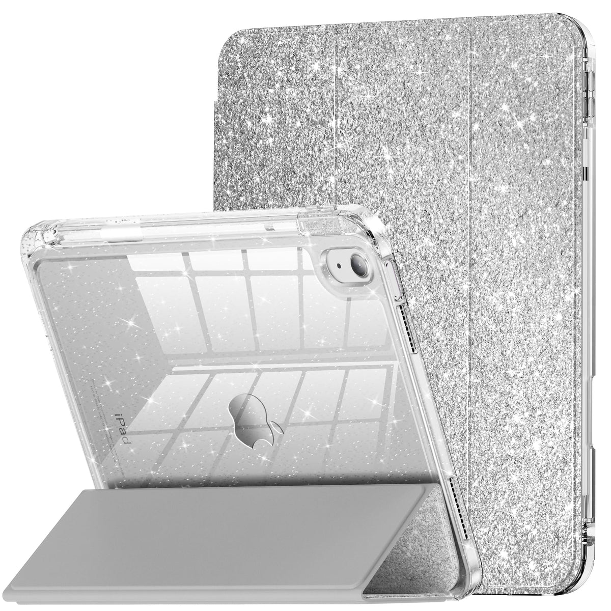 Infiland Compatible With Ipad 10Th Generation Case, Ipad Case 10Th Generation 10.9 Inch, Glitter Leather Cover With Sparkly Crystal Clear Back, Pencil Holder, Anti Yellowing, Silver