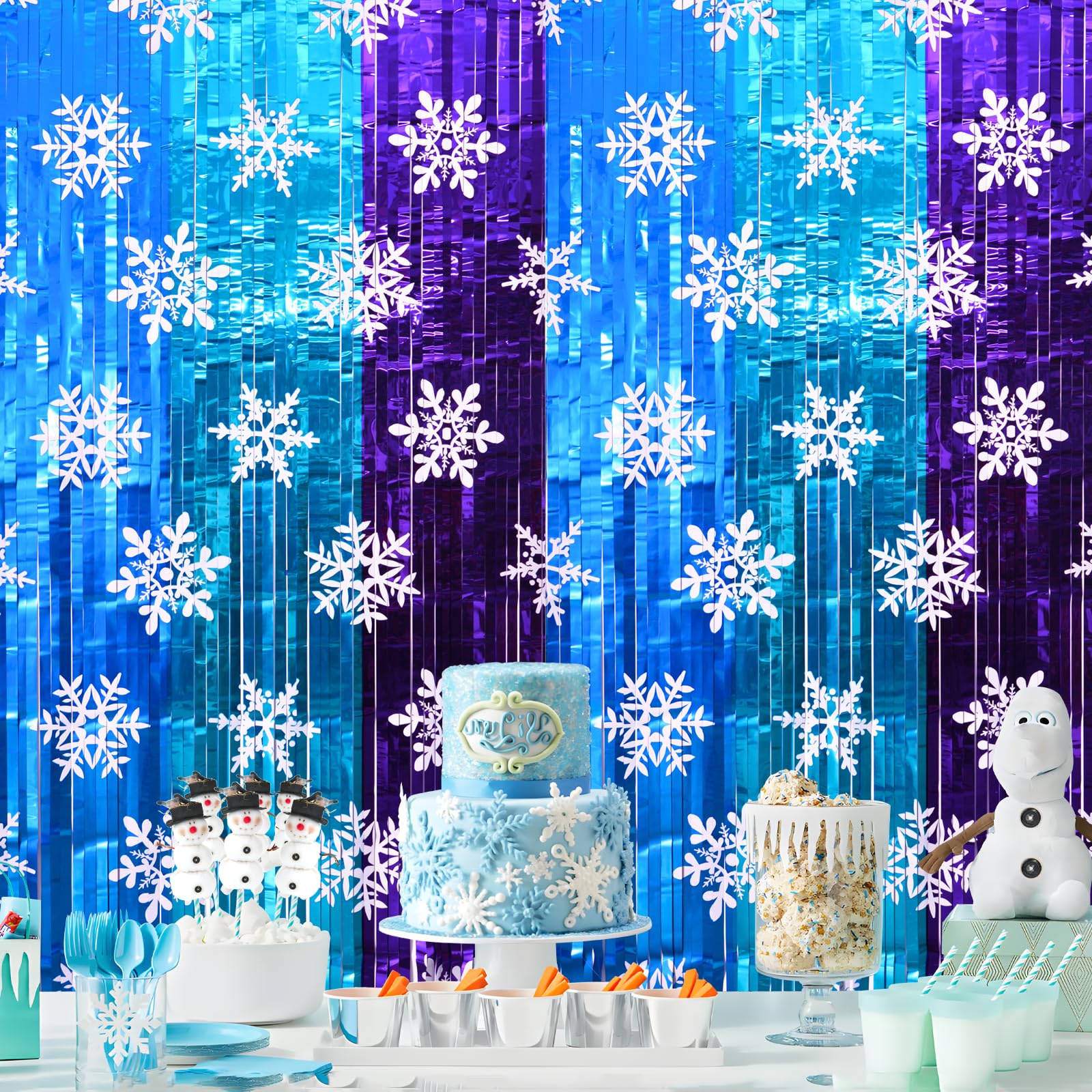 Bupelo Winter Princess Birthday Party Decorations, 2 Pack Ice Birthday Party Supplies 3.3X6.6Ft Tinsel Foil Fringe Curtains, Win