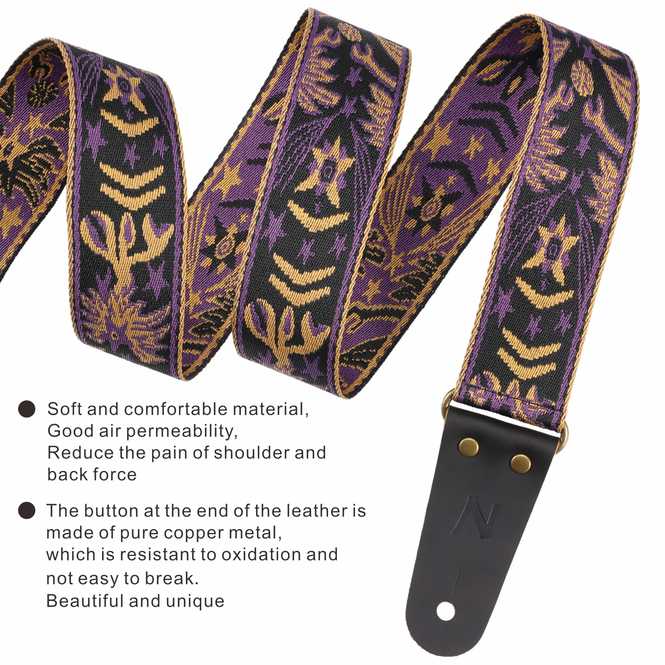Nefelibata Guitar Strap, 2'' Embroidery Full Grain Leather Ends Guitar Straps With Hidden Pocket, For Bass, Electric And Acousti
