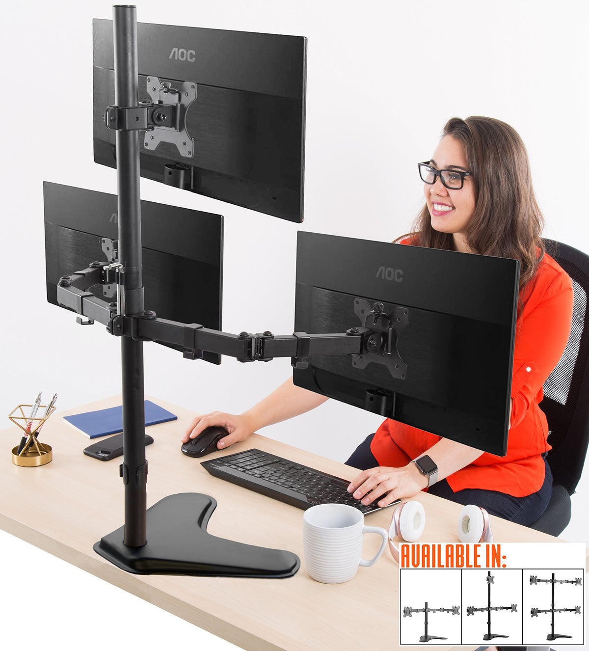 Stand Steady Triple Monitor Desk Stand With Tabletop Base, For Home Or Office Use, Height Adjustable Computer Monitor Stand With Full Articulation Vesa Mounts, Fits Most Lcd/Led Monitors 13 32 Inches