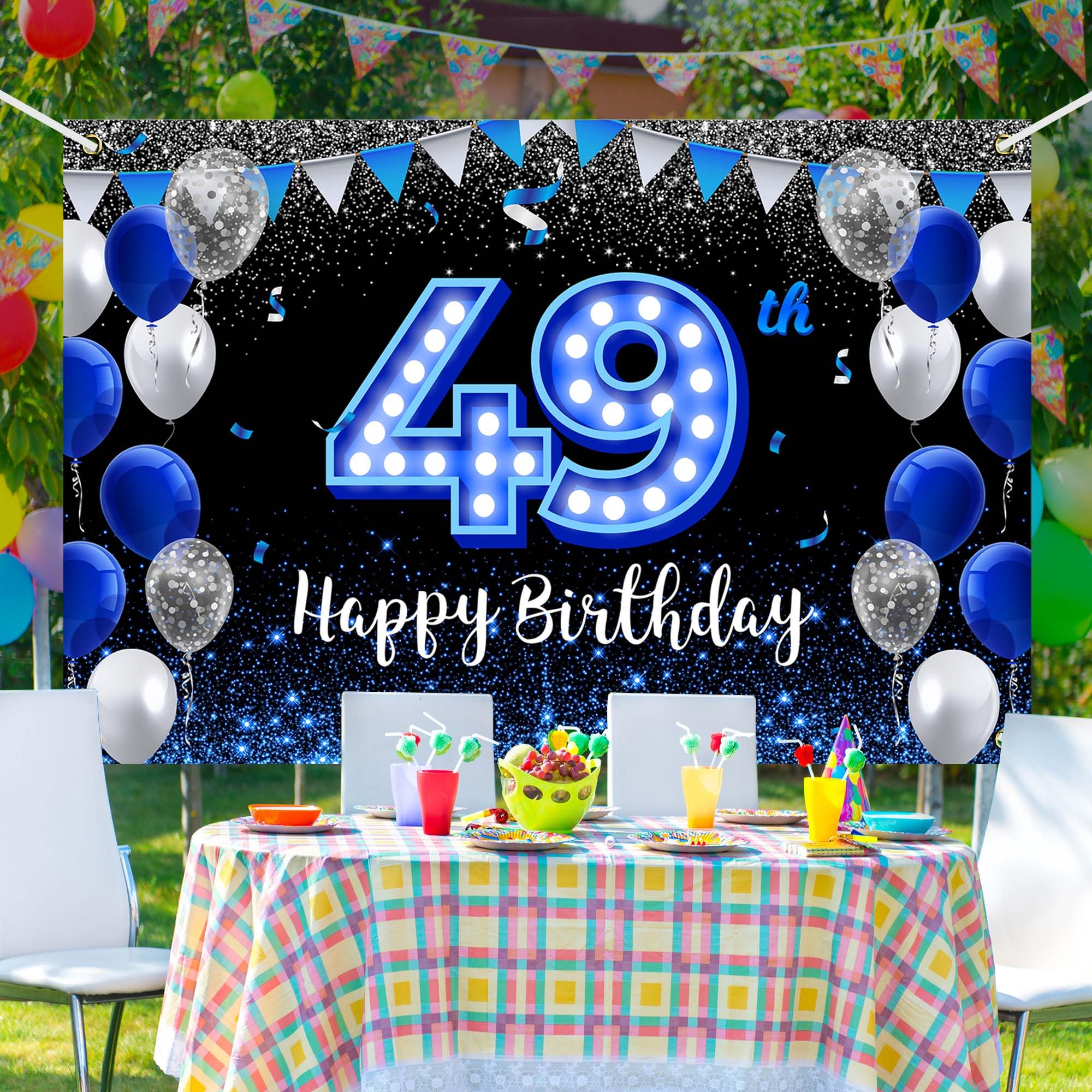Happy 49Th Birthday Backdrop Banner Blue Black Theme Background With Blue Neon Light Shiny Fashion Birthday Party Photo Photogra