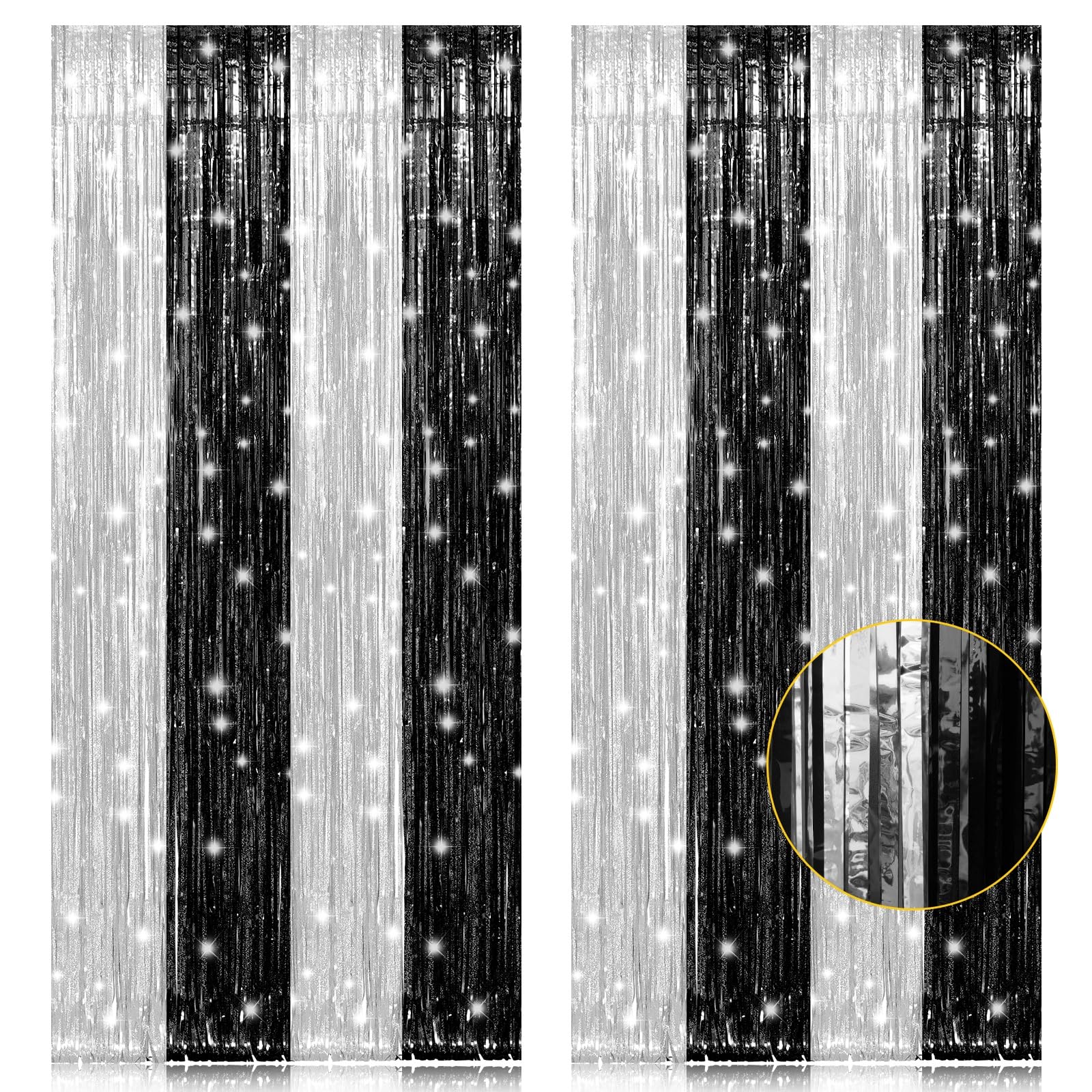Pigetale, 2 Pack 3.2 X 8.2 Ft Black And Silver Foil Fringe Curtains Party Decorations, Sparkle Tinsel Curtain Photo Backdrop For
