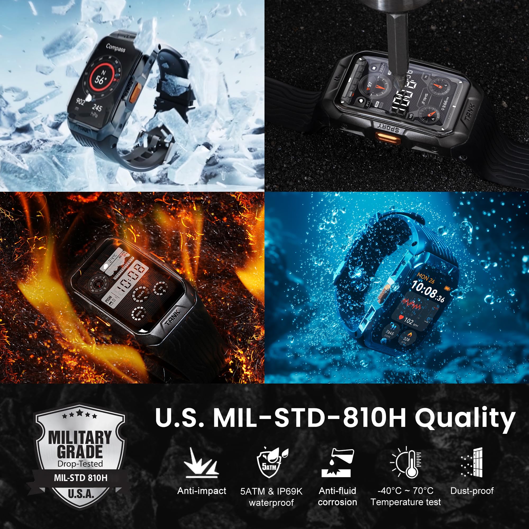 Kospet Tank X2 Smart Watch Fitness Tracker, 24/7 Heart Rate, Blood Oxygen Monitor, Sleep Tracker, Blutooth Call, Stainless Steel