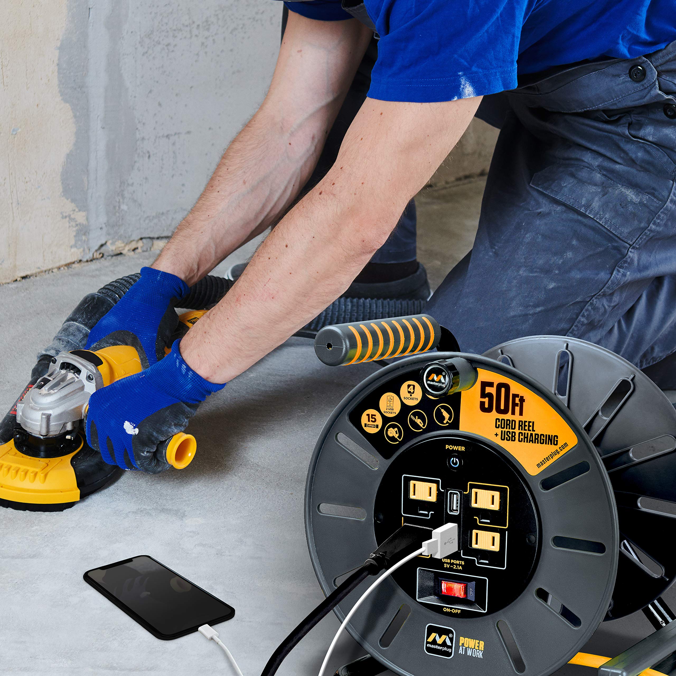 Masterplug 50Ft Cord Reel, Retractable Extension Lead With Winding Handle, Safety Overload Circuit Breaker And Power Switch, 4X