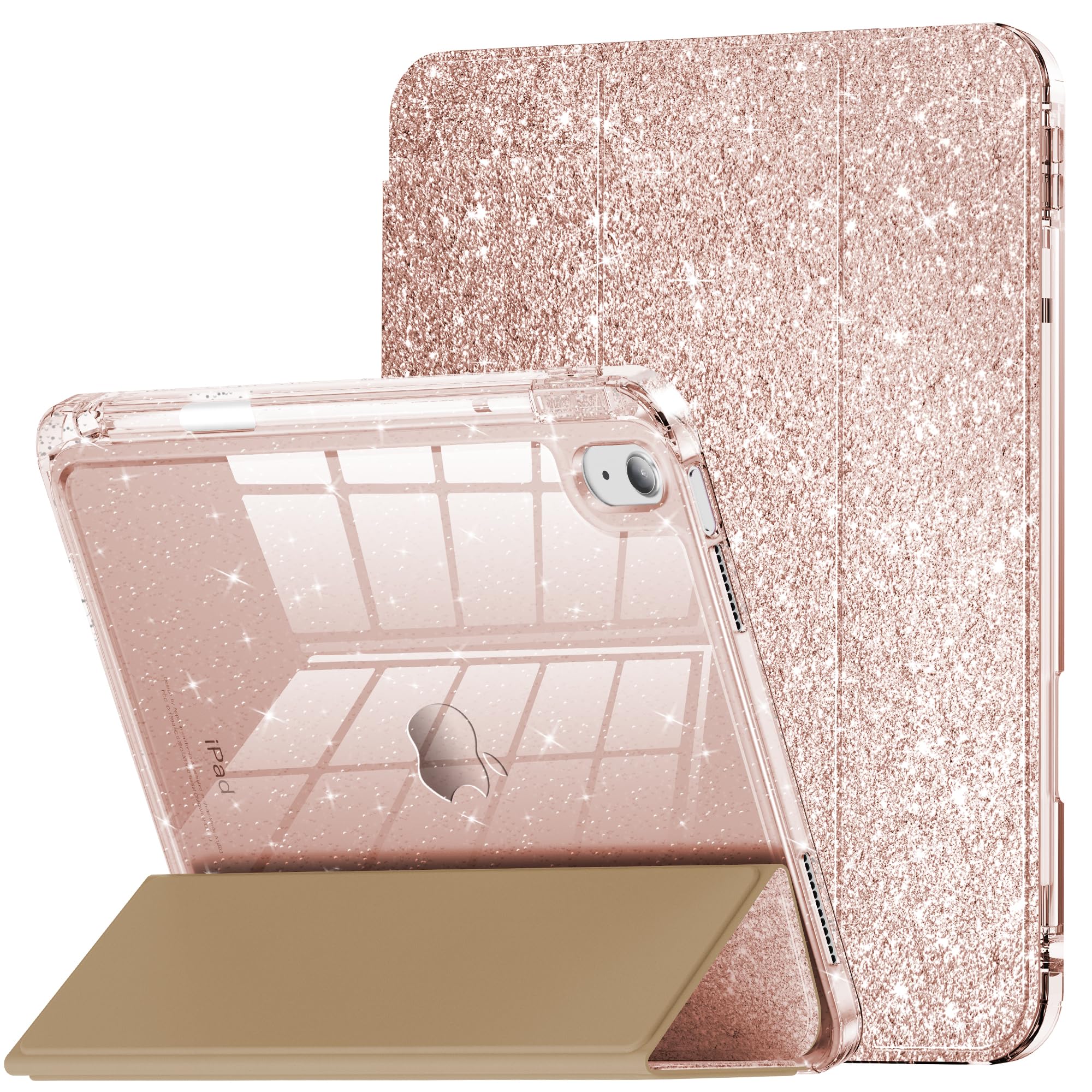 Infiland Compatible With Ipad 10Th Generation Case 10.9 Inch, Ipad A16 11 Inch 11Th Generation, Glitter Leather Cover With Sparkly Crystal Clear Back, Pencil Holder, Rose Gold