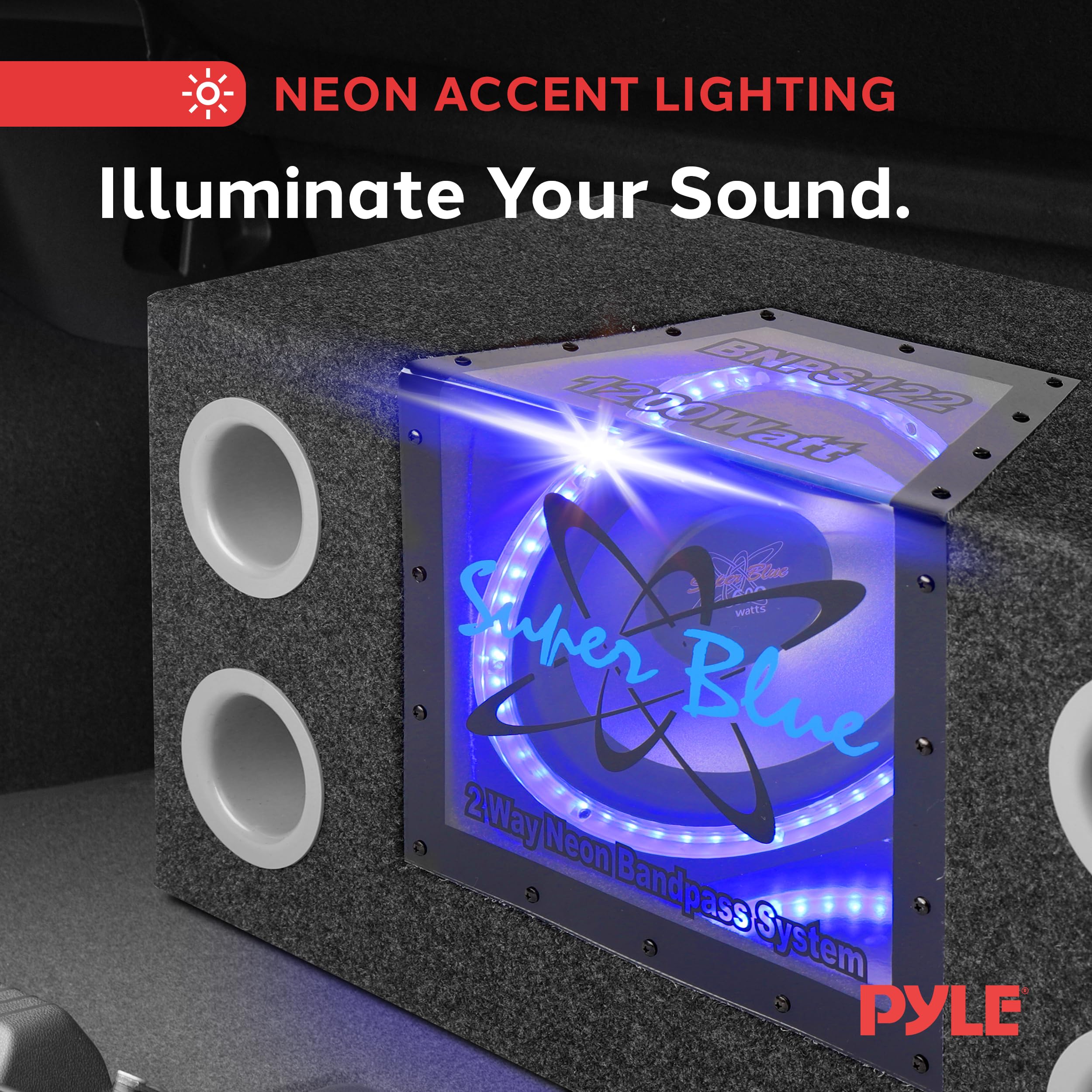 Pyramid 12' 1200W Car Audio Subwoofer   2 Way Neon Bandpass Speaker System W/Blue Lights, Dc 12V Input/4 Ohm/32Hz 1Khz Freq.Res W/Plexi Glass Front Window & Silver Polypropylene Cone