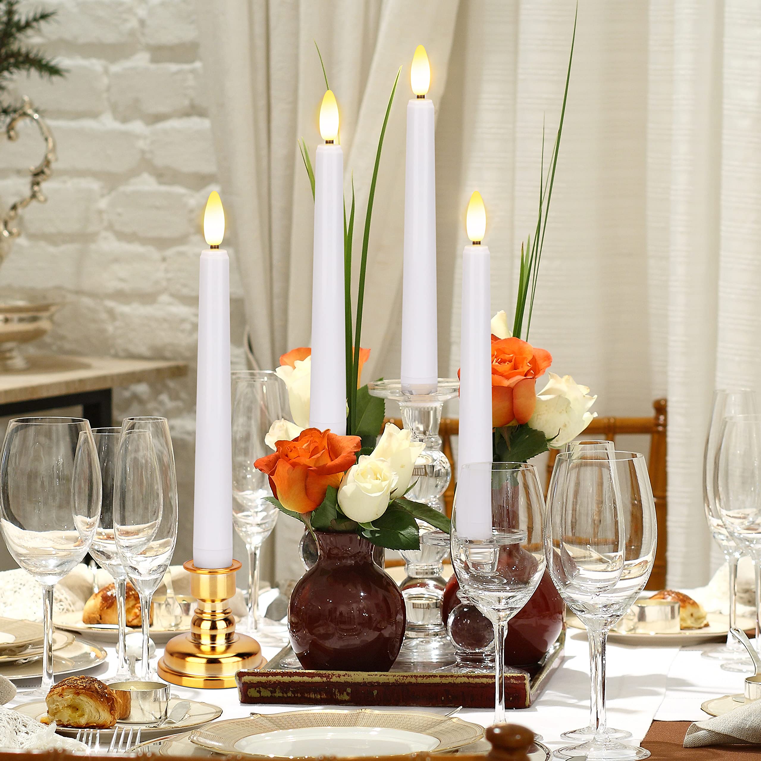 Fpoo Flameless Taper Candles Flickering With Remote Timer, 4Pcs Battery Operated Window Candles With Gold Candlesticks And Sucti