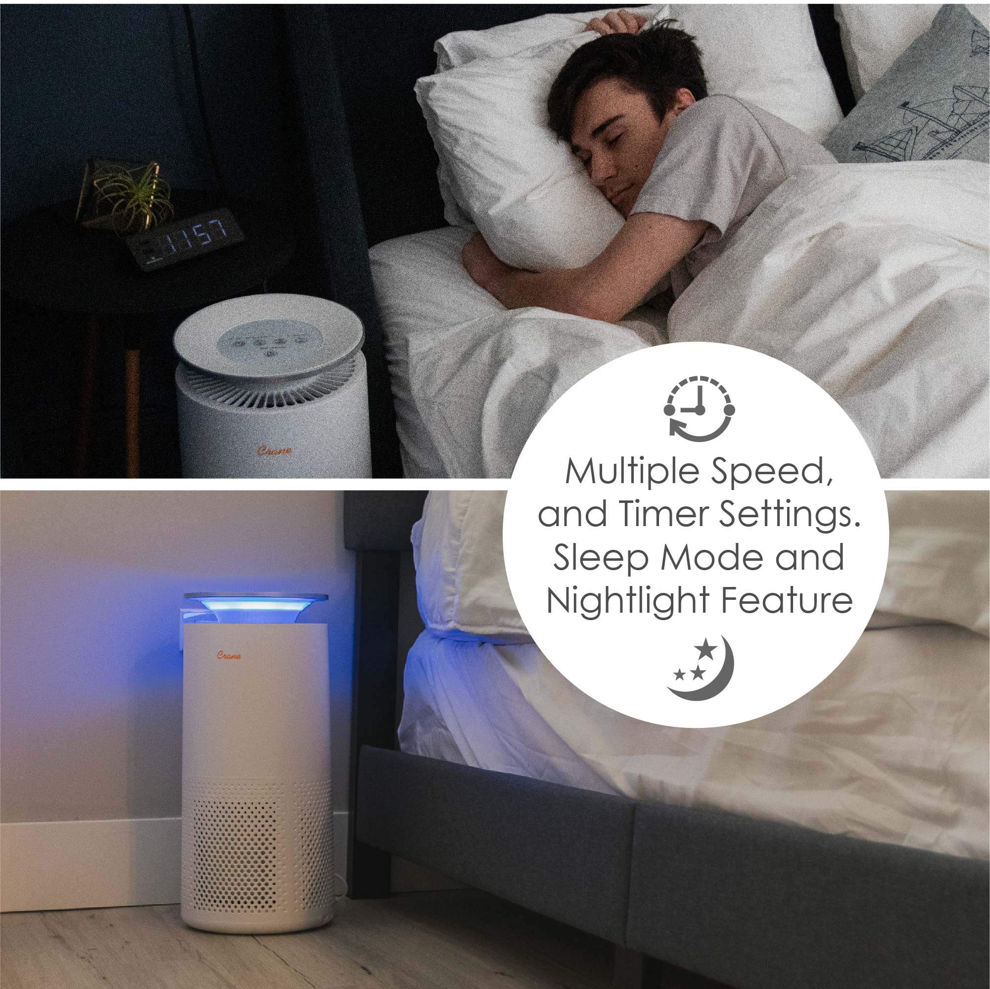 Crane Air Purifier With True Hepa Filter, 500 Sq Feet Coverage, Timer Function, Sleep Mode, Built In Air Quality Monitor, Ee 506