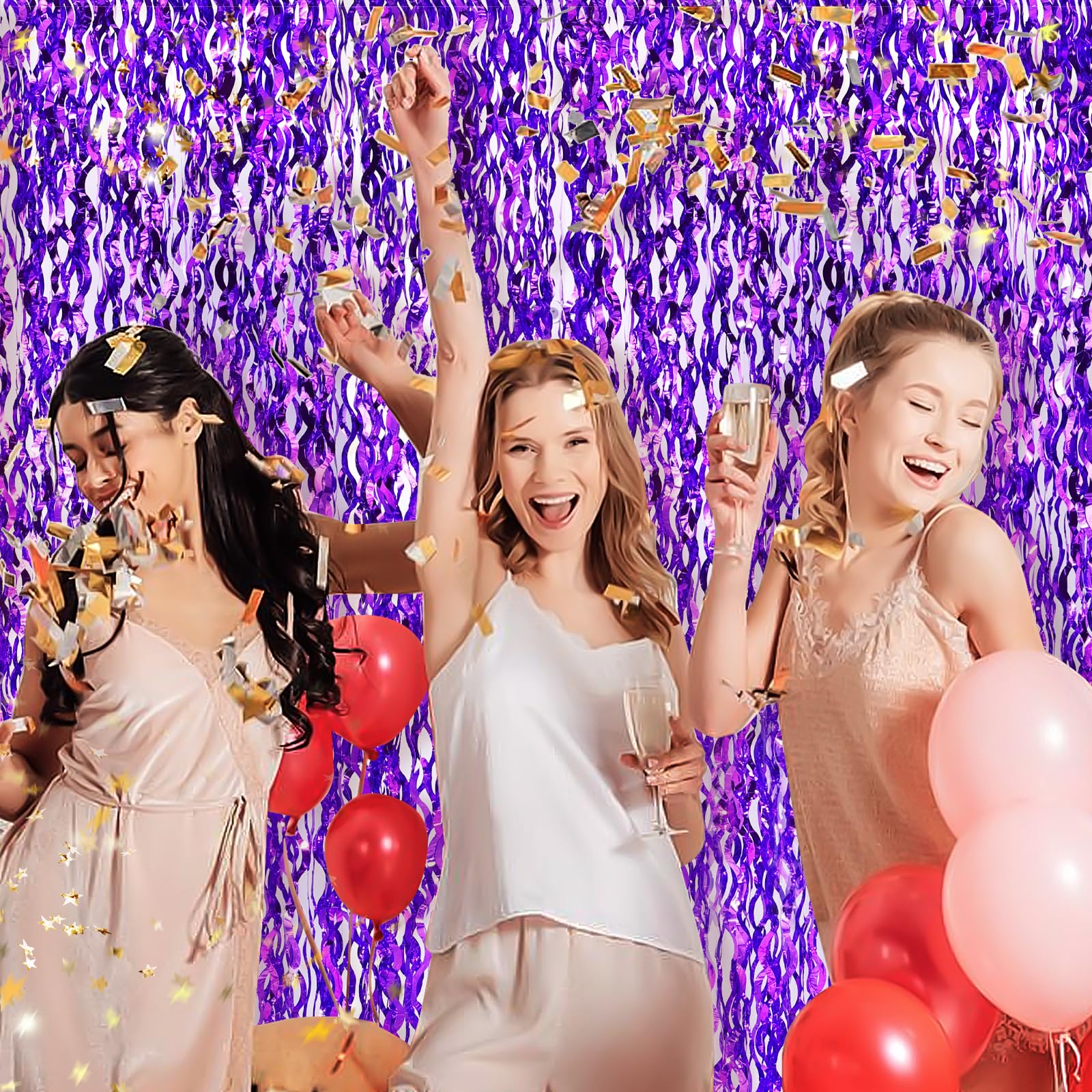 Wavy Purple Metallic Tinsel Foil Fringe Curtains, 2 Pack 3.3X8.3 Feet Party Streamer For Birthday Party Decorations, Halloween D