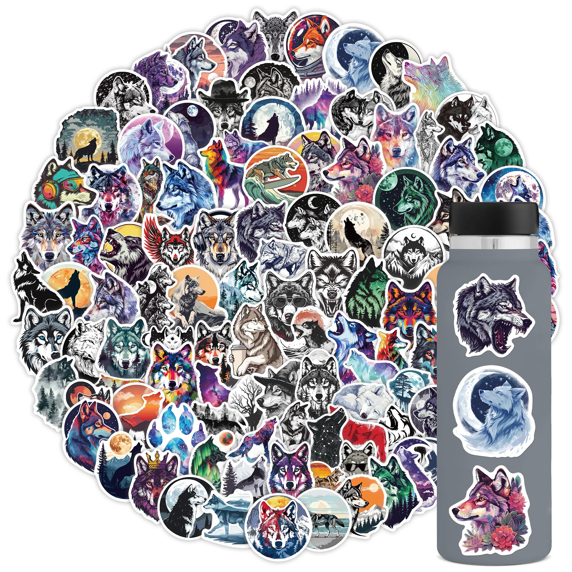 100 Pcs Wolf Stickers,Wild Wolf Gifts For Kids Teens Girls,Unique Designed Vinyl Waterproof Stickers For Hydroflask Water Bottle Laptop Computer Skateboard