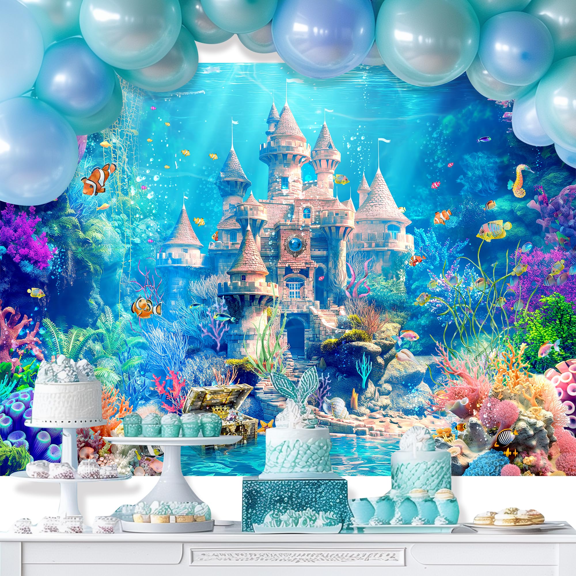 Svbright Ocean Castle Backdrop 7Wx5H Princess Underwater Sea Fairy Birthday Wonderland Aquarium Sea Fish Coral Plant Cute Kids C