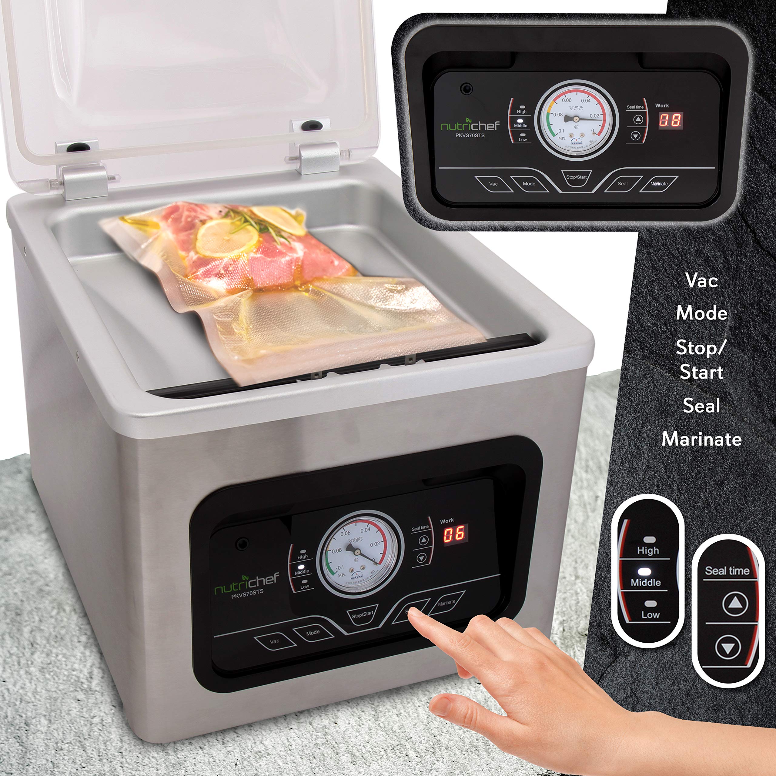 Nutrichef 350W Chamber Vacuum Sealing Machine - Automatic 8L Sealer System With Digital Controls, Airtight Bags For Food Preserv